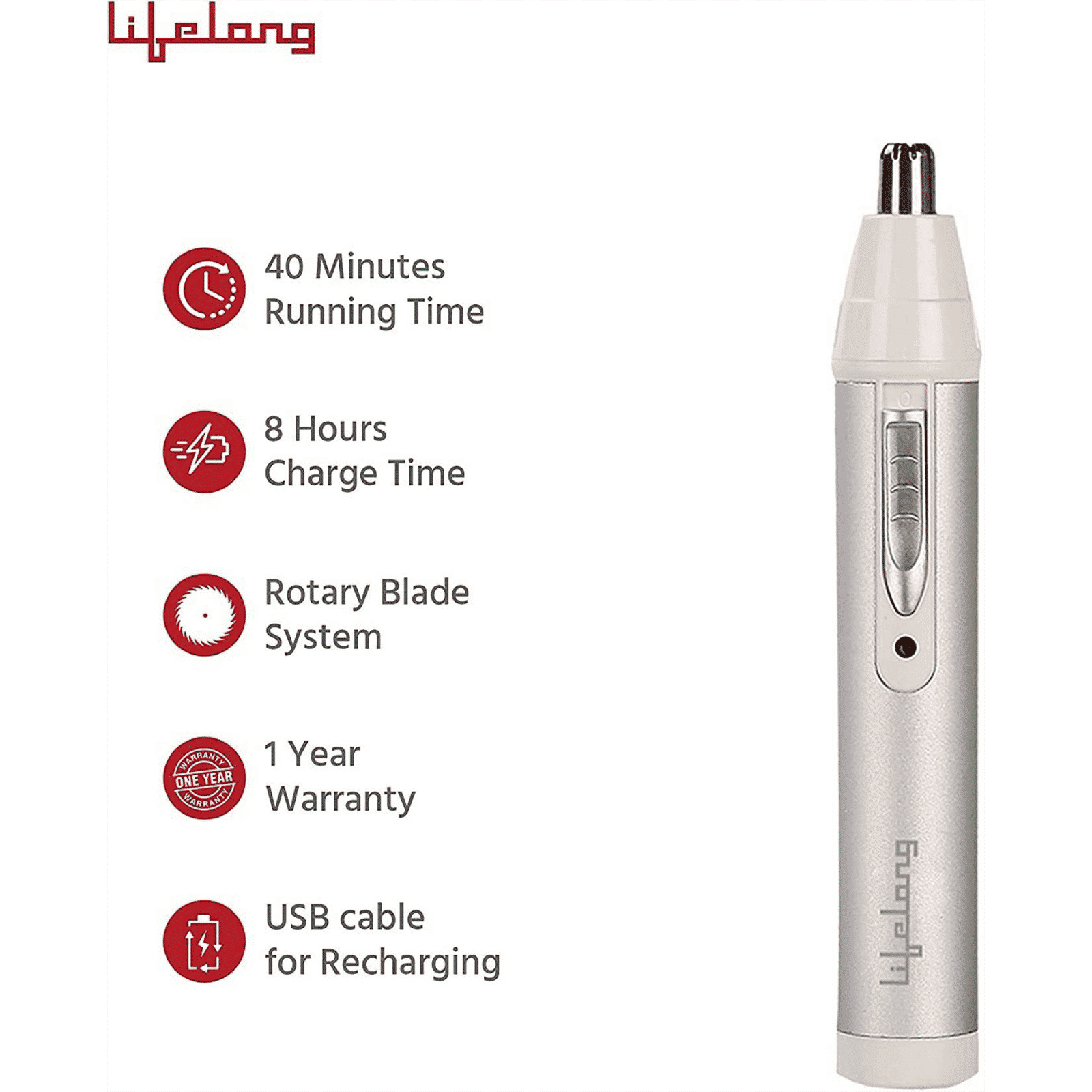 Lifelong LLPCM03 Rechargeable Cordless Dry Trimmer for Nose & Ear with 1 Length Settings for Men & Women (40mins Runtime, Rotary Blade System, Silver)_10