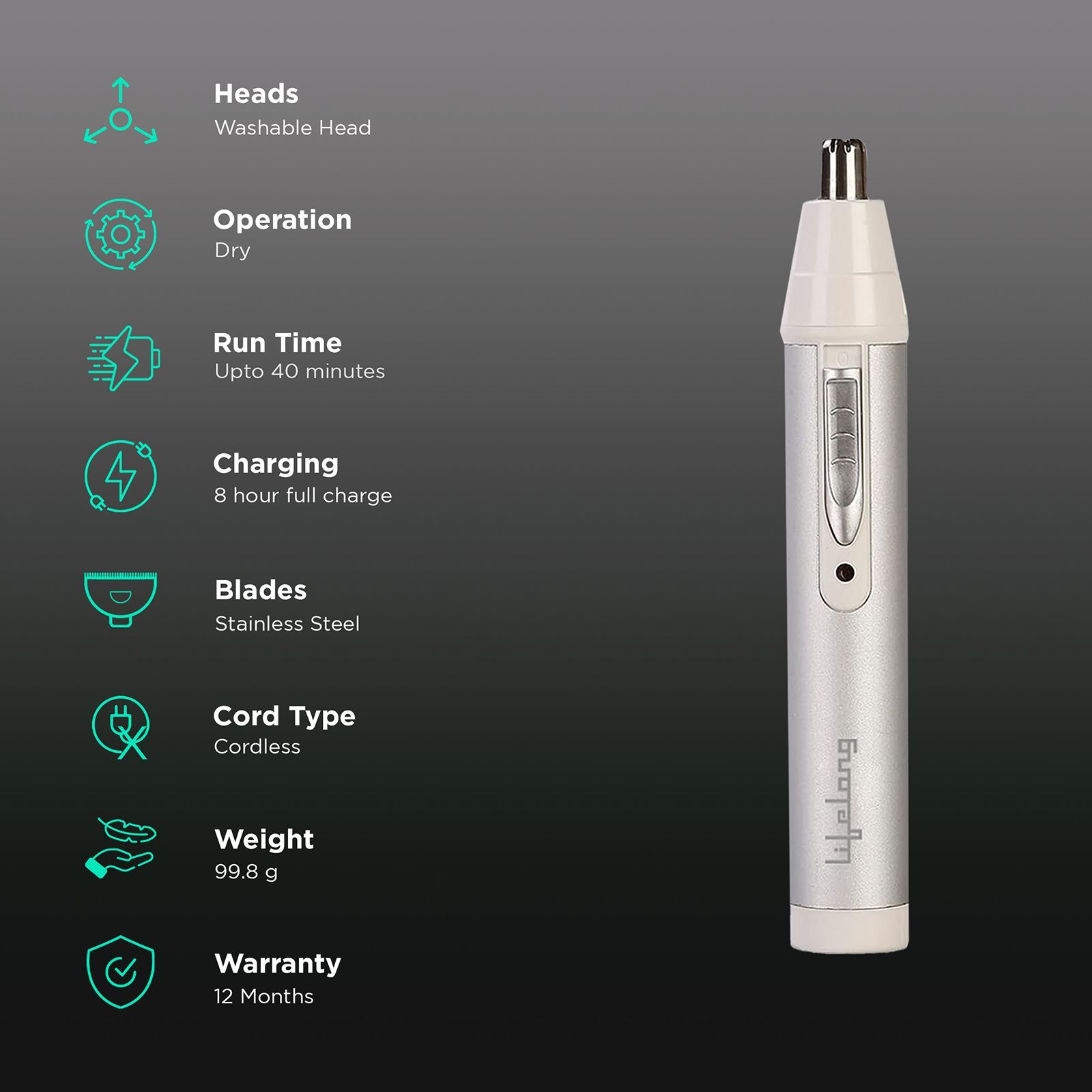 Lifelong LLPCM03 Rechargeable Cordless Dry Trimmer for Nose & Ear with 1 Length Settings for Men & Women (40mins Runtime, Rotary Blade System, Silver)_2