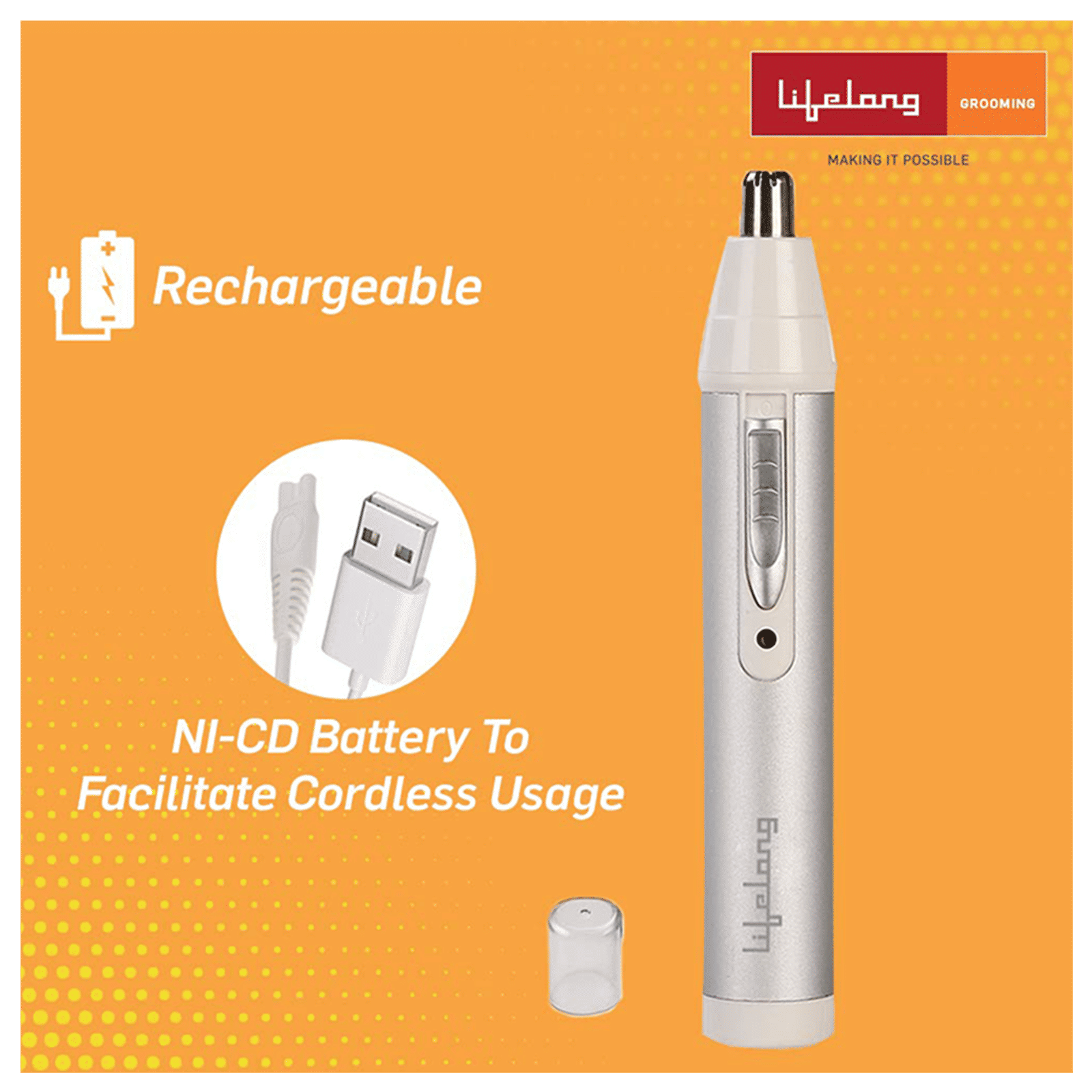 Lifelong LLPCM03 Rechargeable Cordless Dry Trimmer for Nose & Ear with 1 Length Settings for Men & Women (40mins Runtime, Rotary Blade System, Silver)_5