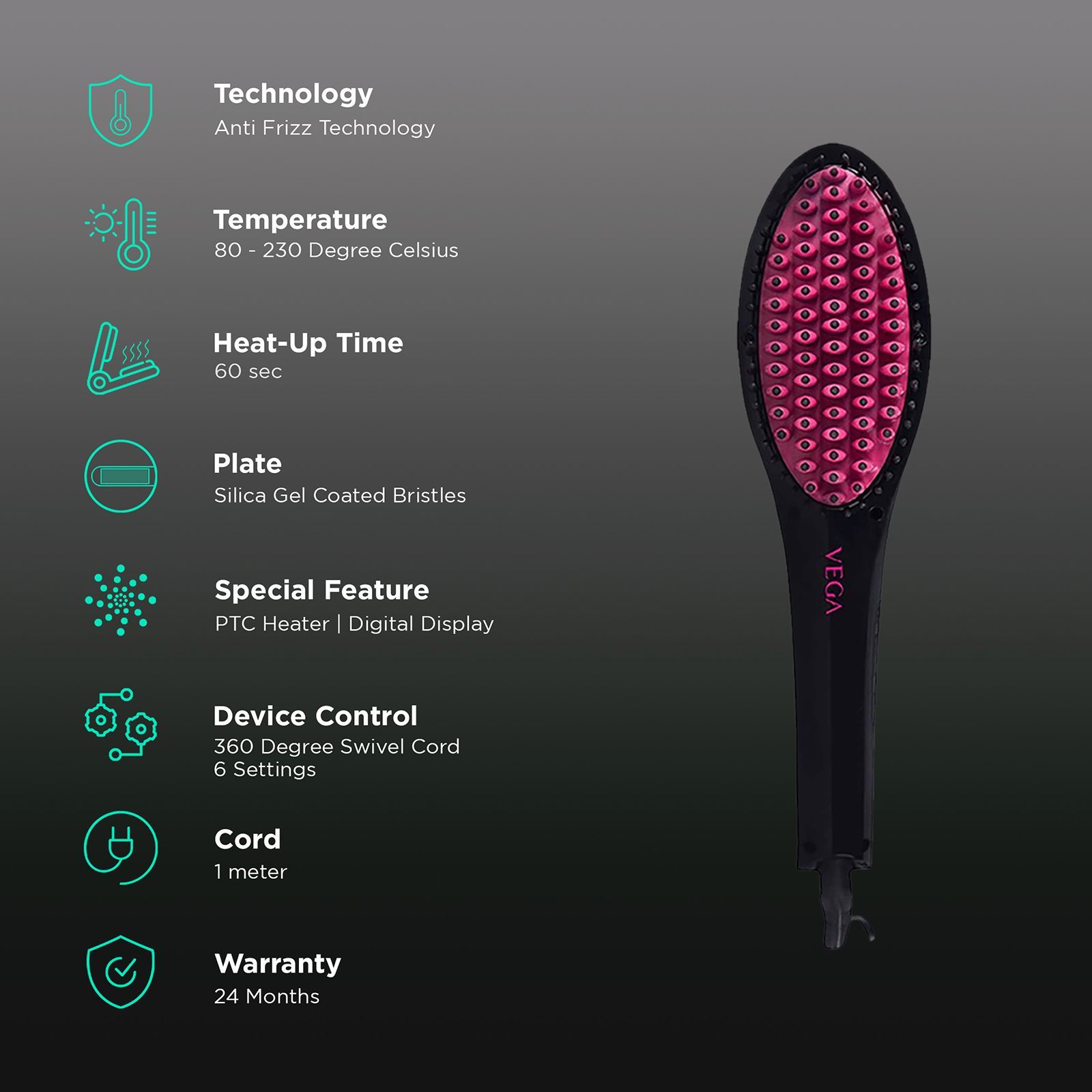 VEGA X-Glam Hair Straightening Brush with Anti-Frizz Technology (Black)_3