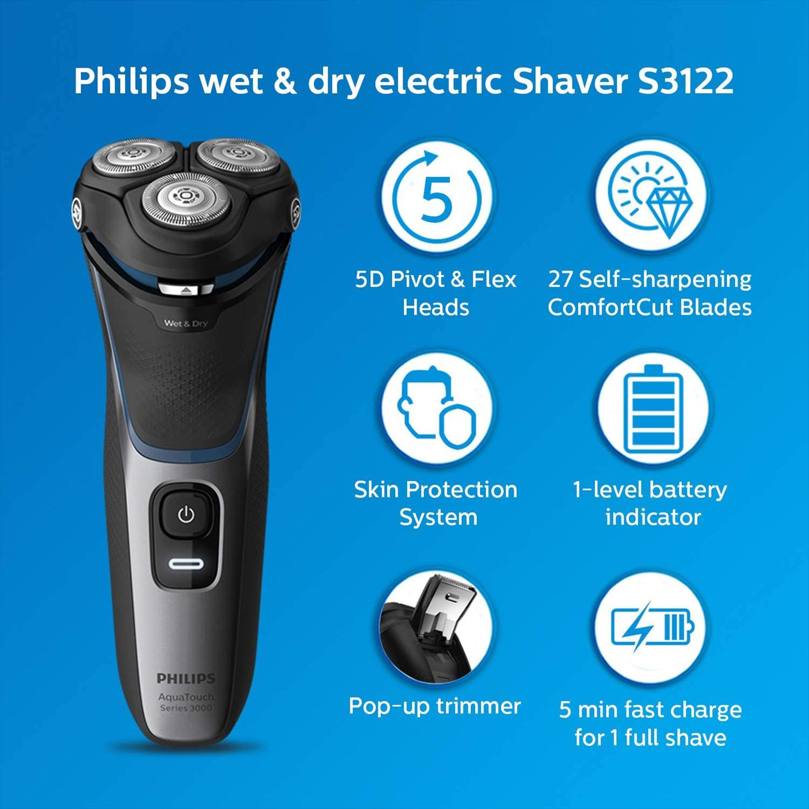 PHILIPS Series 3000 Rechargeable Cordless Shaver for Face for Men (55min Runtime, ComfortCut Blade System, Shiny Black) PHILIPS Series 3000 Rechargeable Cordless Shaver for Face for Men (55min Runtime, ComfortCut Blade System, Shiny Black)_16