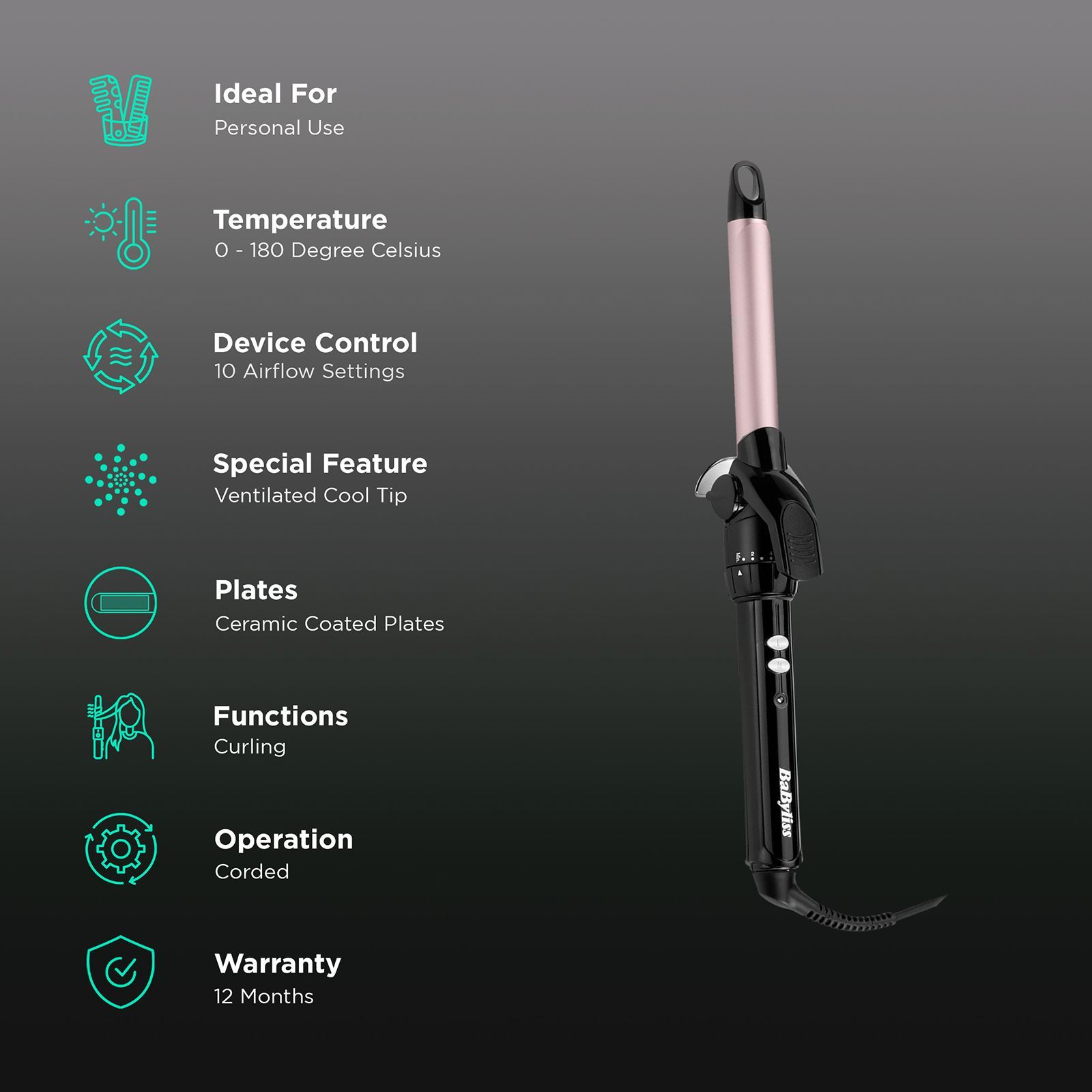 BaByliss Pro180 Hair Curler with I-Temperature Technology (Chrome Ceramic Plate, Black)_3