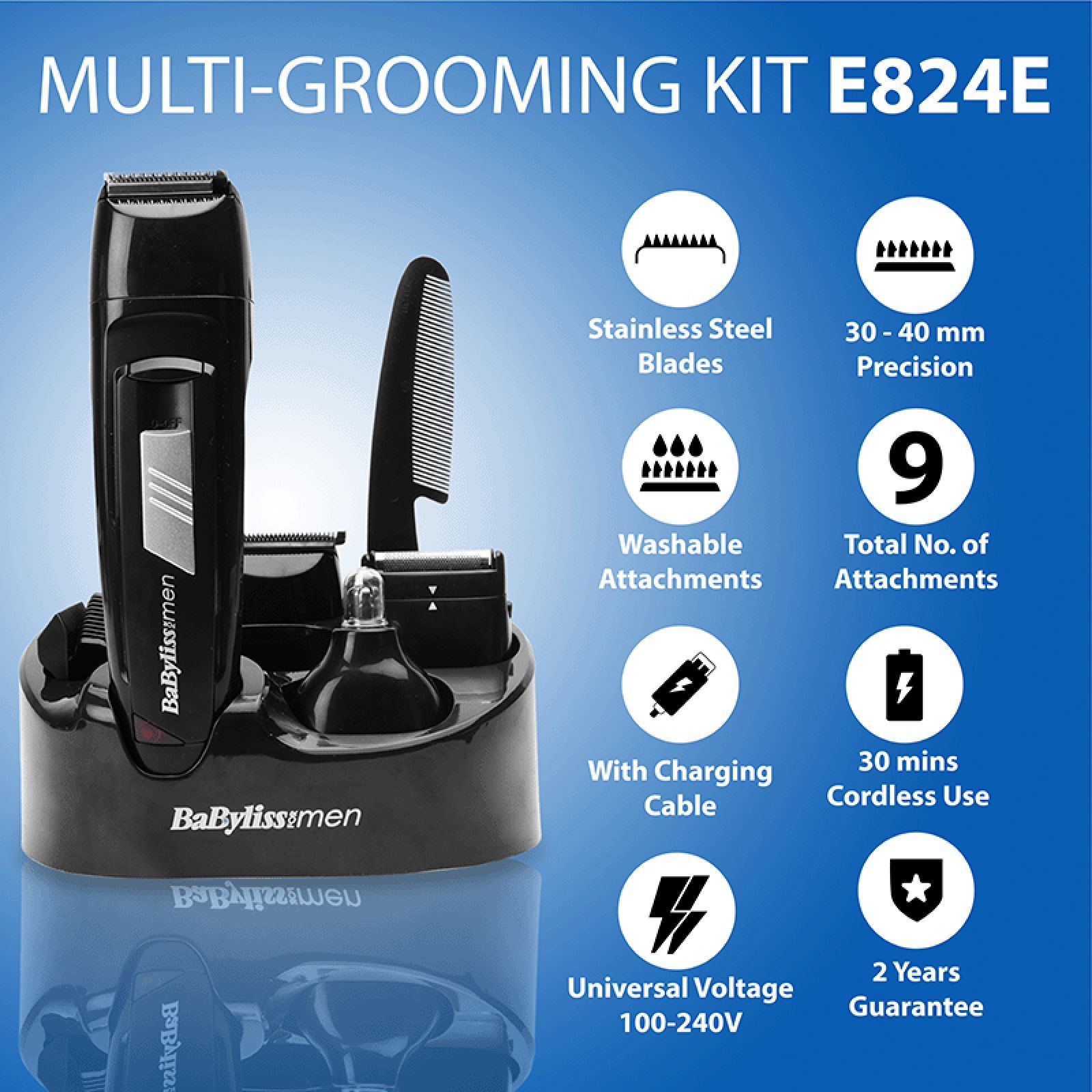 BaByliss E824E Rechargeable Cordless Grooming Kit for Hair, Beard & Body for Men (30min Runtime, 3D Electrochemical Sharpening Blades, Black)_8