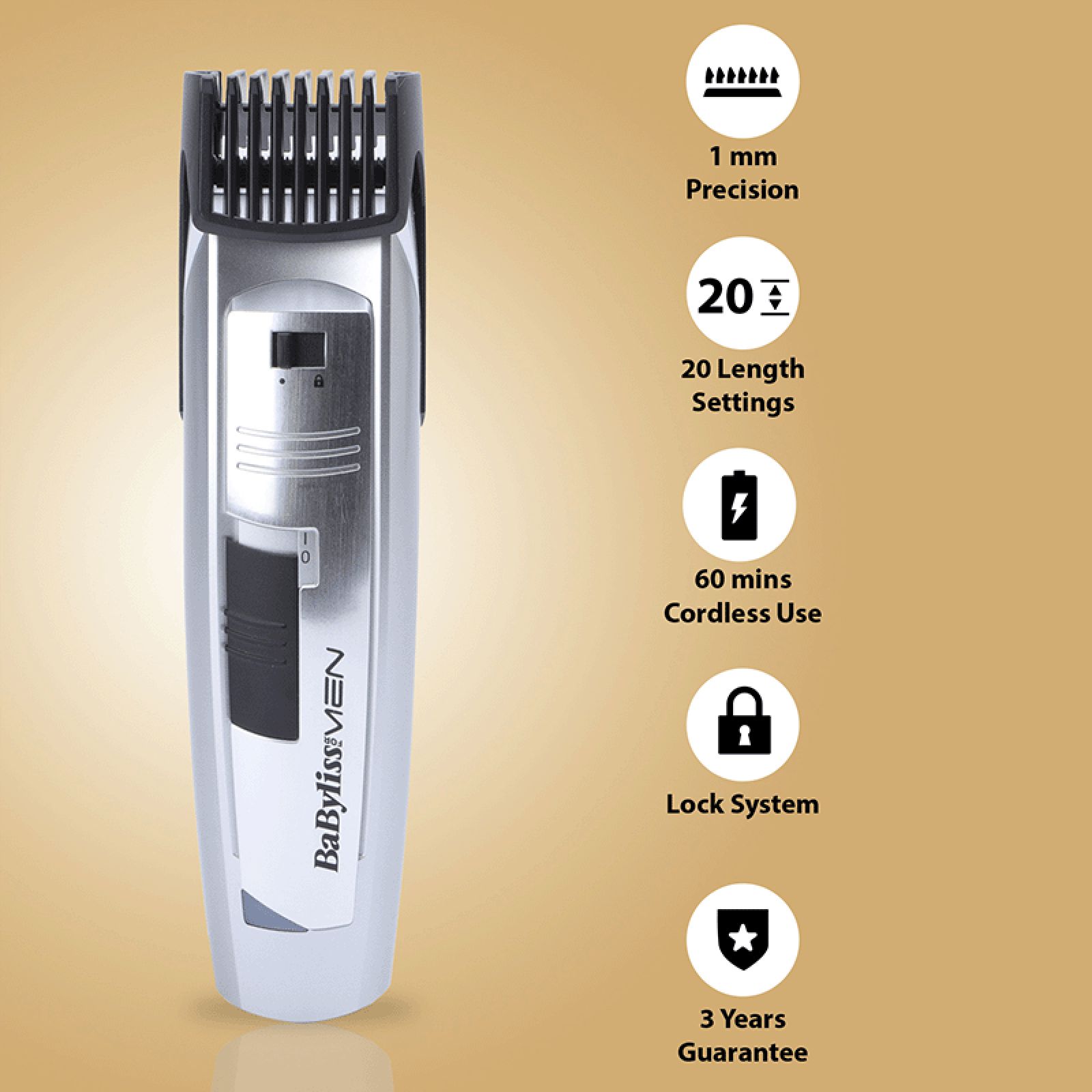 BaByliss E827E Rechargeable Corded & Cordless Wet & Dry Trimmer for Beard & Moustache with 20 Length Settings for Men (60mins Runtime, Grooved Wheel Settings, Silver)_6
