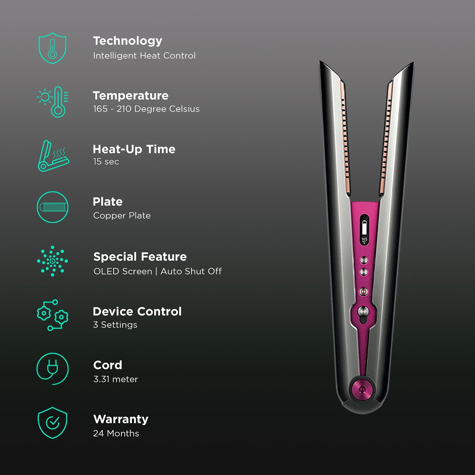 dyson Corrale Rechargeable Hair Straightener with Intelligent Heat Control (Flexing Copper Plates, Black Nickel & Fuchsia)_3