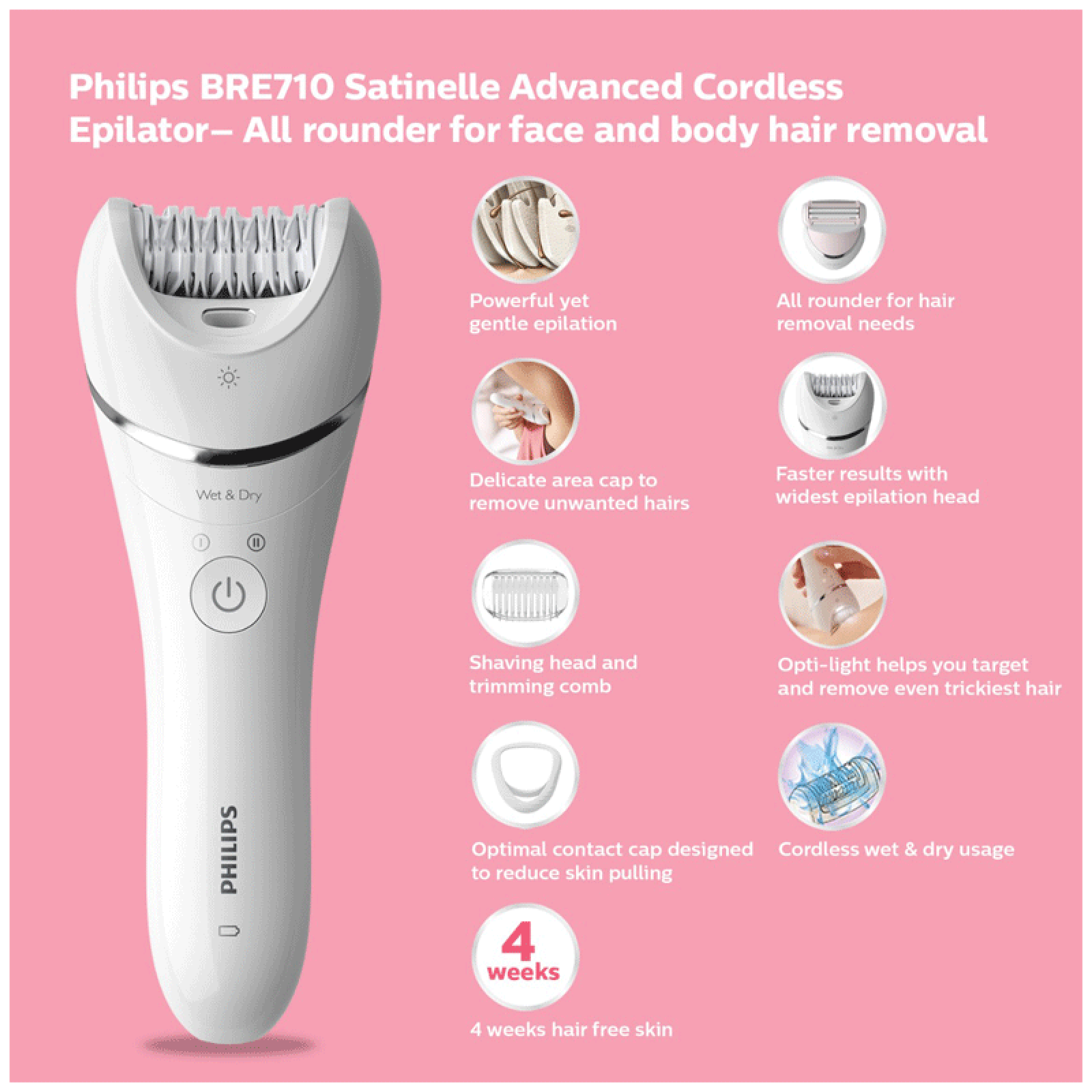 PHILIPS Series 8000 Rechargeable Cordless Wet & Dry Epilator for Legs, Face & Arms with 4 Interchangeable Heads (Double Action Technology, White)_8