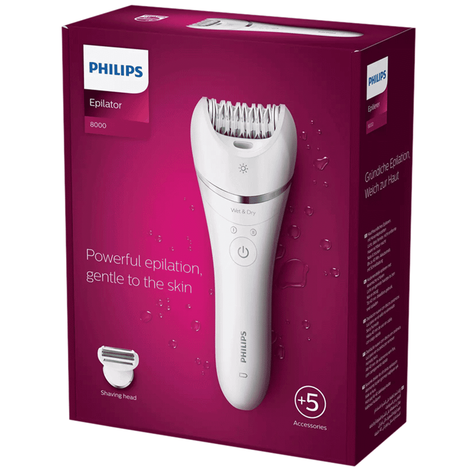 PHILIPS Series 8000 Rechargeable Cordless Wet & Dry Epilator for Legs, Face & Arms with 4 Interchangeable Heads (Double Action Technology, White)_9