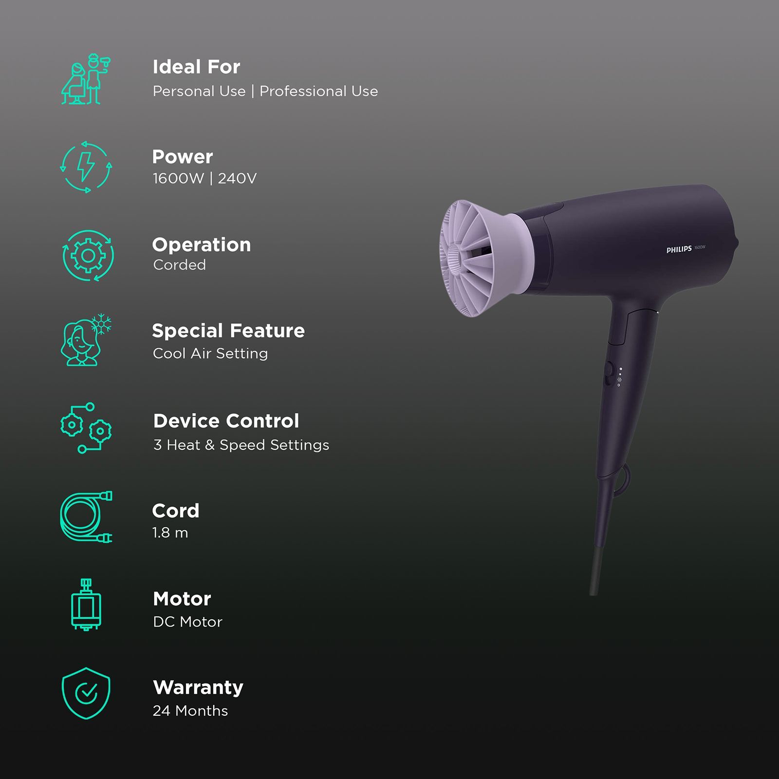 PHILIPS 3000 Series Hair Dryer with 3 Heat Settings & Cool Air Function (Ionic Technology, Purple)_2