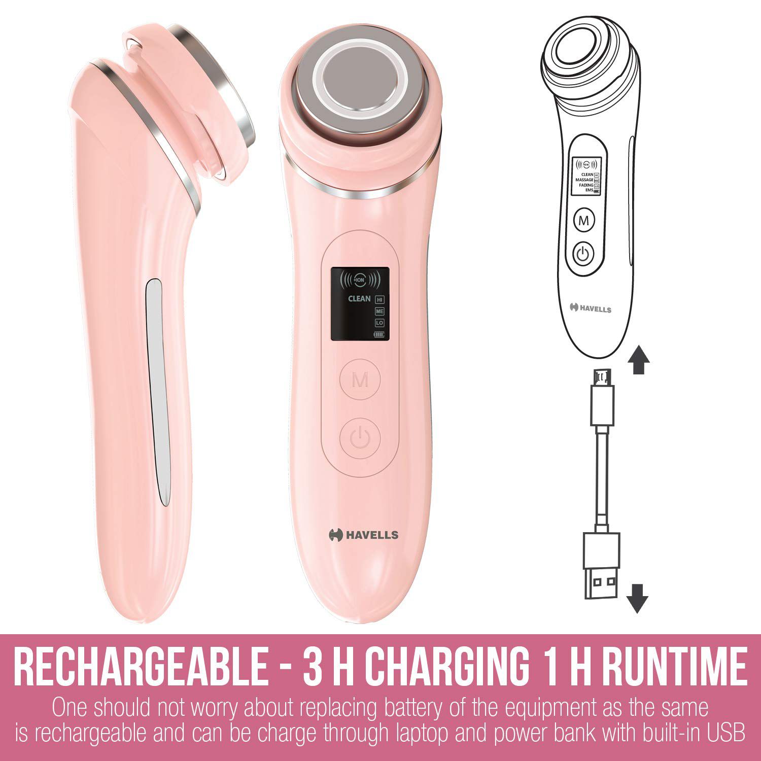 HAVELLS Skin Care Cordless 1 Attachment Multi-Function Device (Ion Function, SC5065, Pink) HAVELLS Skin Care Cordless 1 Attachment Multi-Function Device (Ion Function, SC5065, Pink)_3