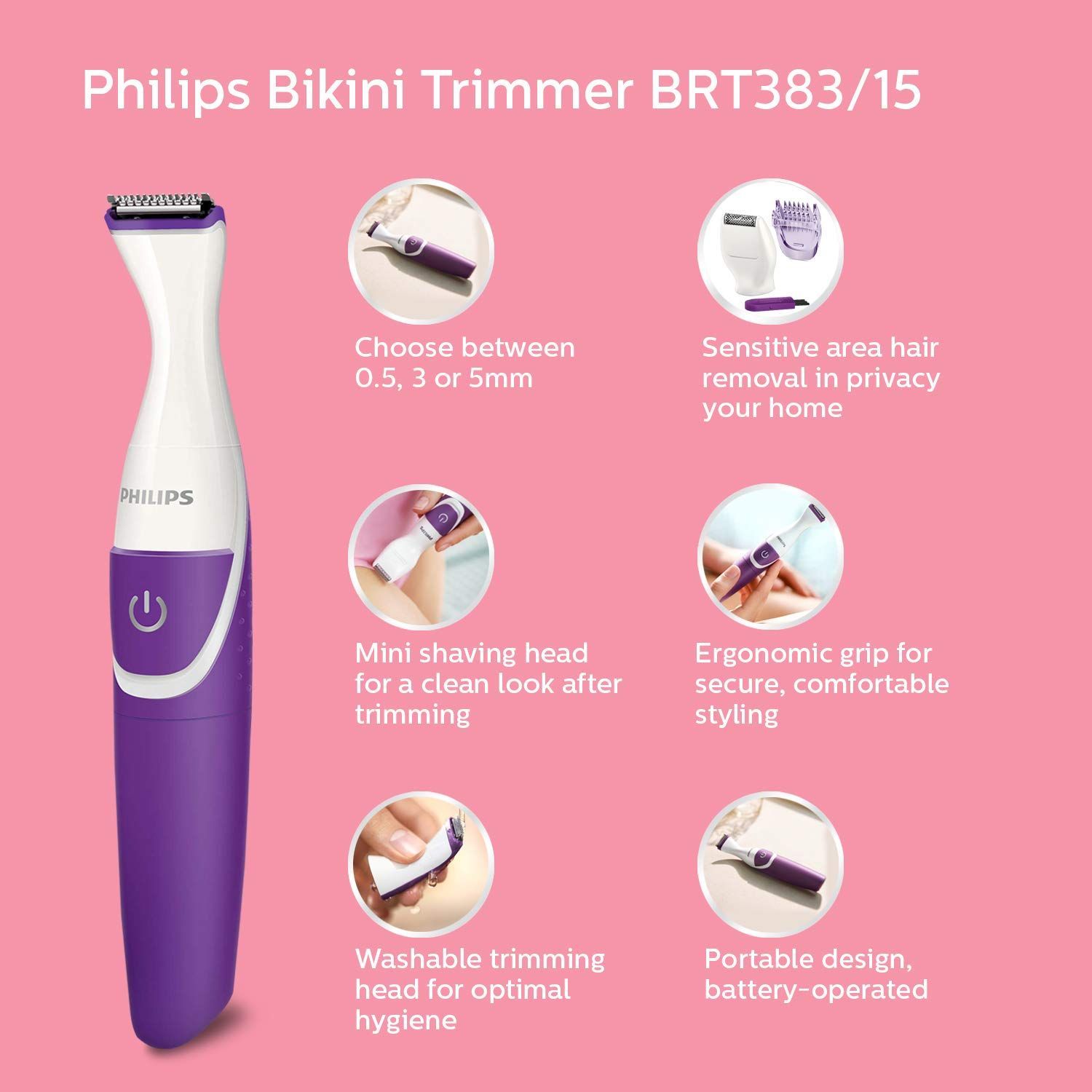 PHILIPS Essential Cordless Wet & Dry Trimmer for Intimate Area with 3 Length Settings for Women (180mins Runtime, Ergonomic Grip, Purple)_14