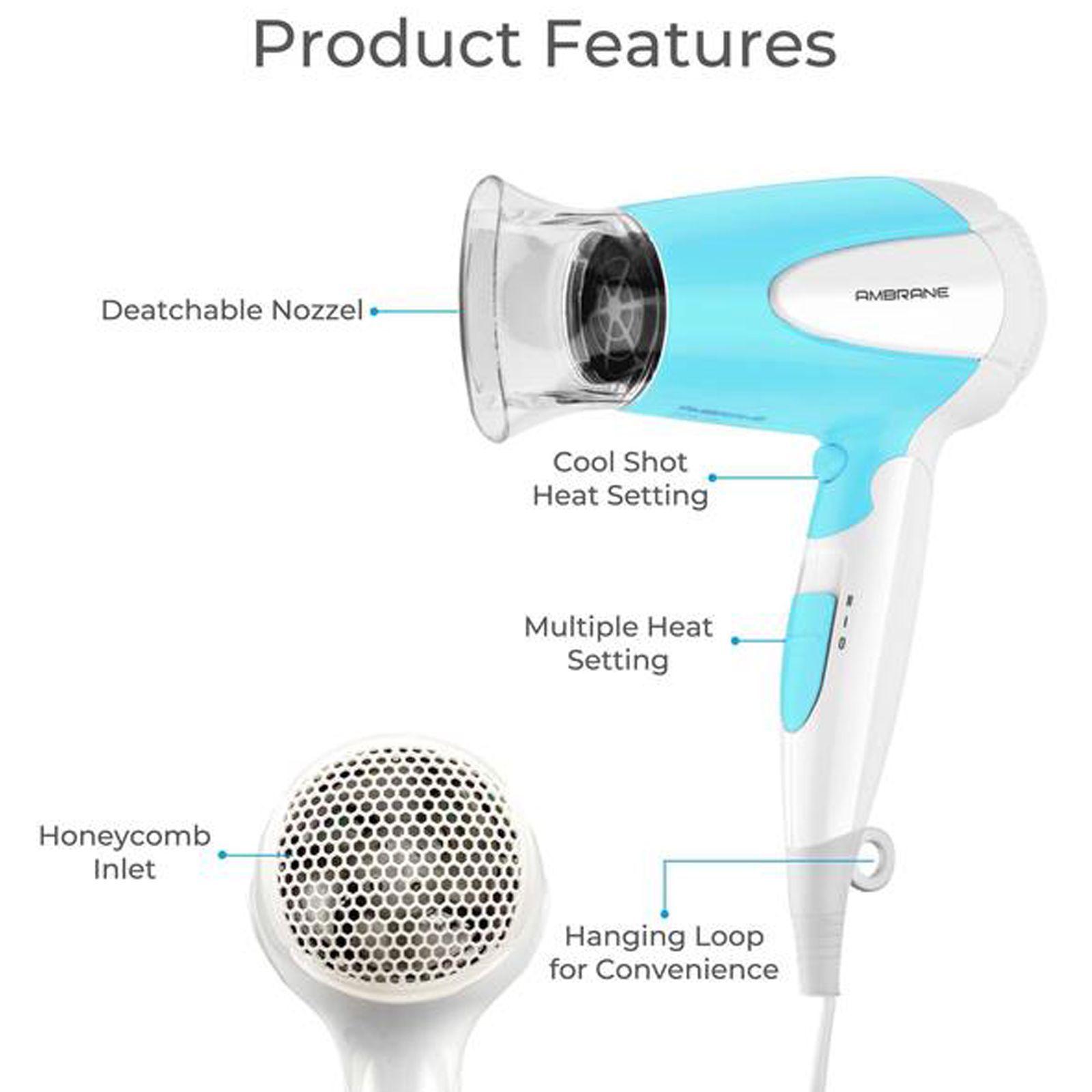 ambrane AHD-11 Hair Dryer with 2 Heat Settings & Cool Air Function (Overheat Protection, White & Blue) ambrane AHD-11 Hair Dryer with 2 Heat Settings & Cool Air Function (Overheat Protection, White & Blue)_7