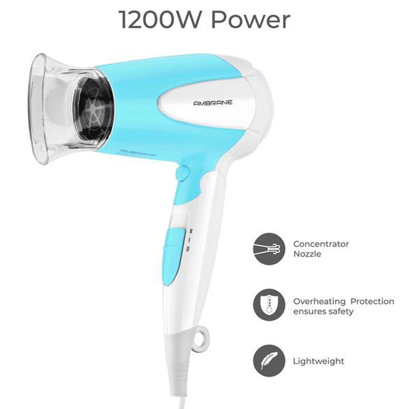 ambrane AHD-11 Hair Dryer with 2 Heat Settings & Cool Air Function (Overheat Protection, White & Blue) ambrane AHD-11 Hair Dryer with 2 Heat Settings & Cool Air Function (Overheat Protection, White & Blue)_5