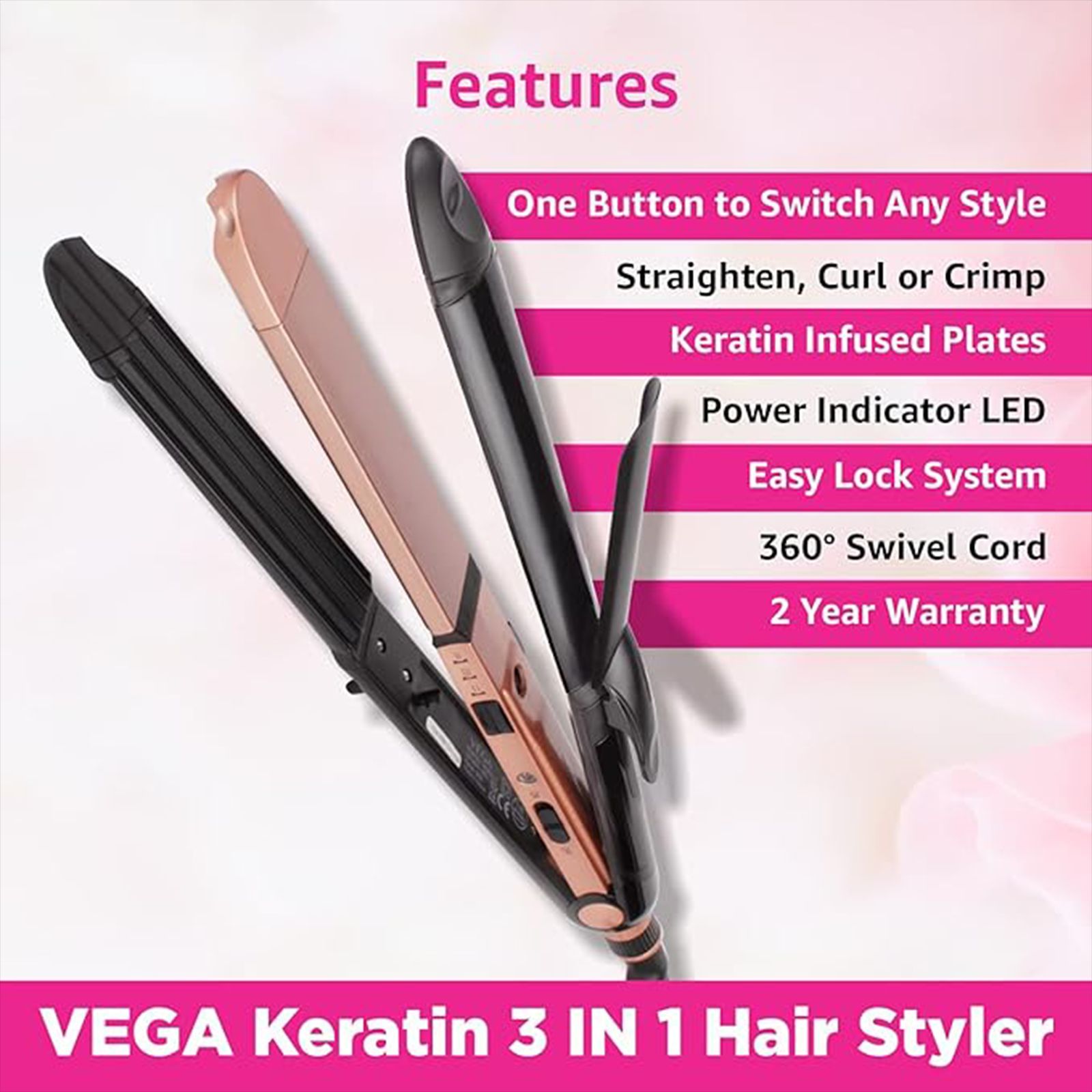 VEGA Keratin 3-in-1 Hair Styler with Ceramic Coating Technology (Auto Shut Off, Rose Gold)_12