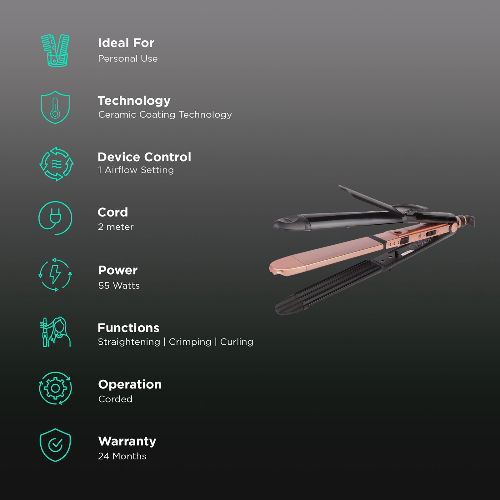 VEGA Keratin 3-in-1 Hair Styler with Ceramic Coating Technology (Auto Shut Off, Rose Gold)_3