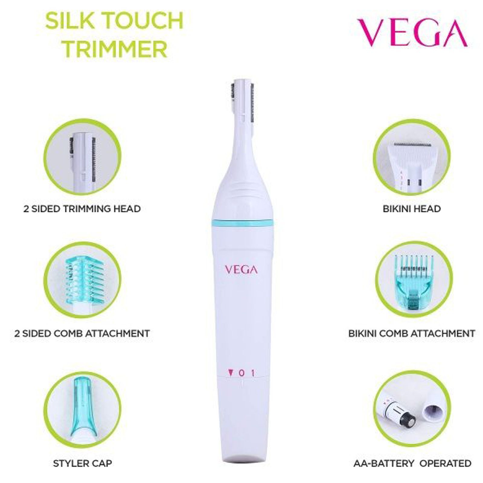 VEGA Silk Touch Cordless Dry Trimmer for Bikini Area, Eyebrows, Chin, Upper Lip & Underarms with 1 Length Settings for Women (45mins Runtime, All-in-one Grooming Solution, White)_6