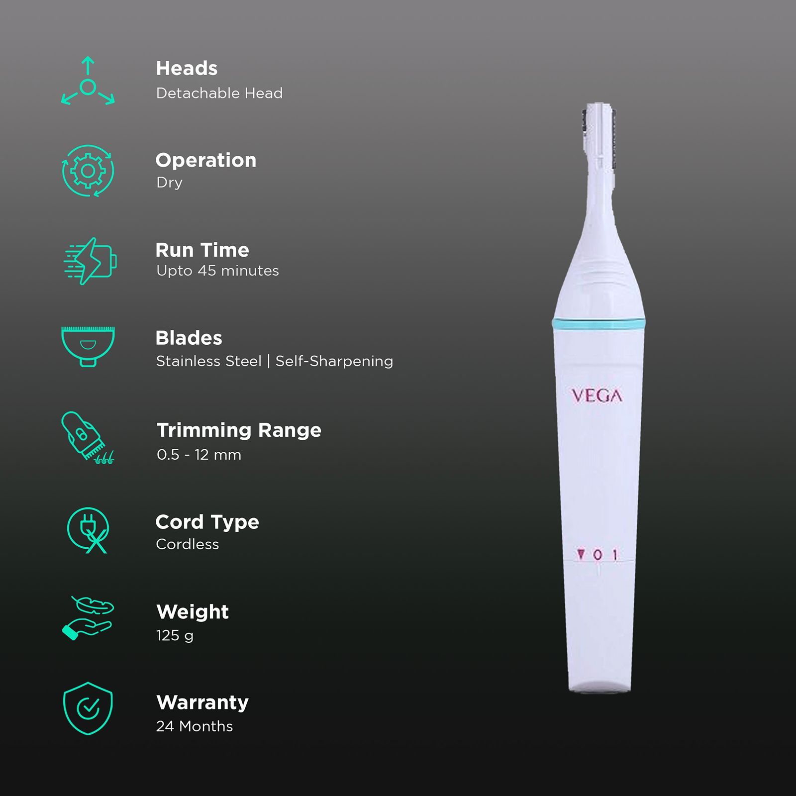 VEGA Silk Touch Cordless Dry Trimmer for Bikini Area, Eyebrows, Chin, Upper Lip & Underarms with 1 Length Settings for Women (45mins Runtime, All-in-one Grooming Solution, White)_2