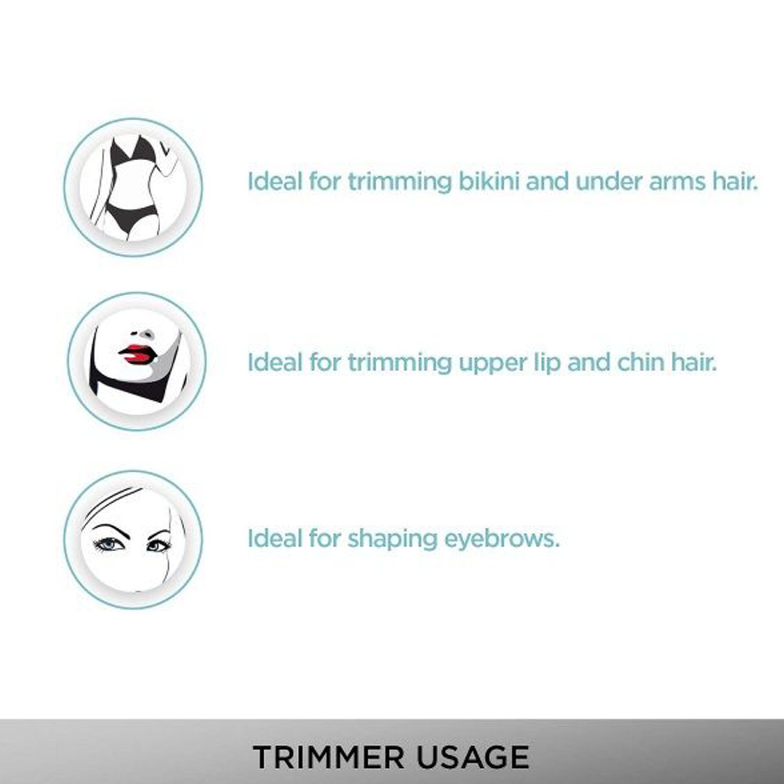 VEGA Silk Touch Cordless Dry Trimmer for Bikini Area, Eyebrows, Chin, Upper Lip & Underarms with 1 Length Settings for Women (45mins Runtime, All-in-one Grooming Solution, White)_3