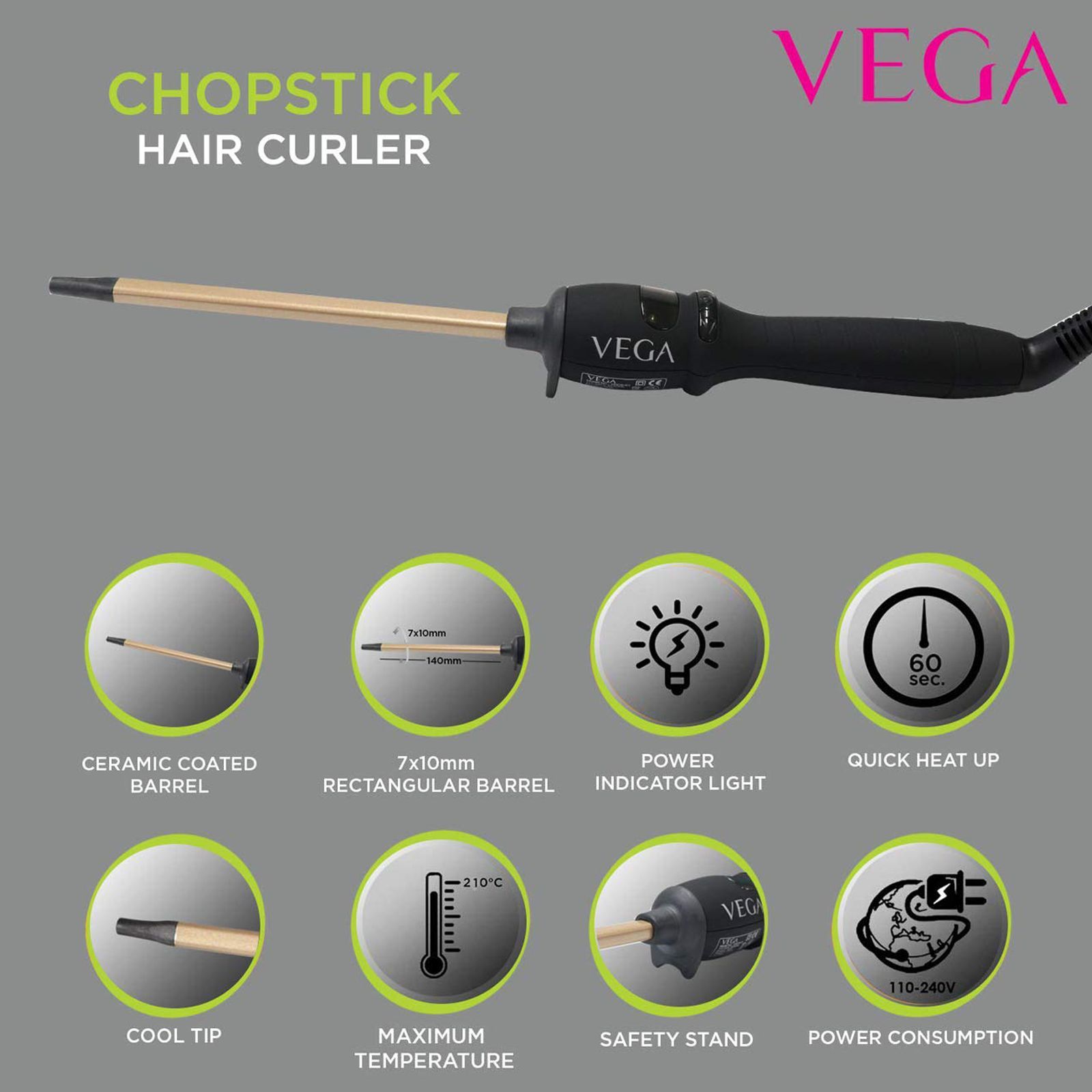 VEGA Chopstick Hair Styler with Ceramic Coating Barrel Technology (Power Indicator Light, Black)_7