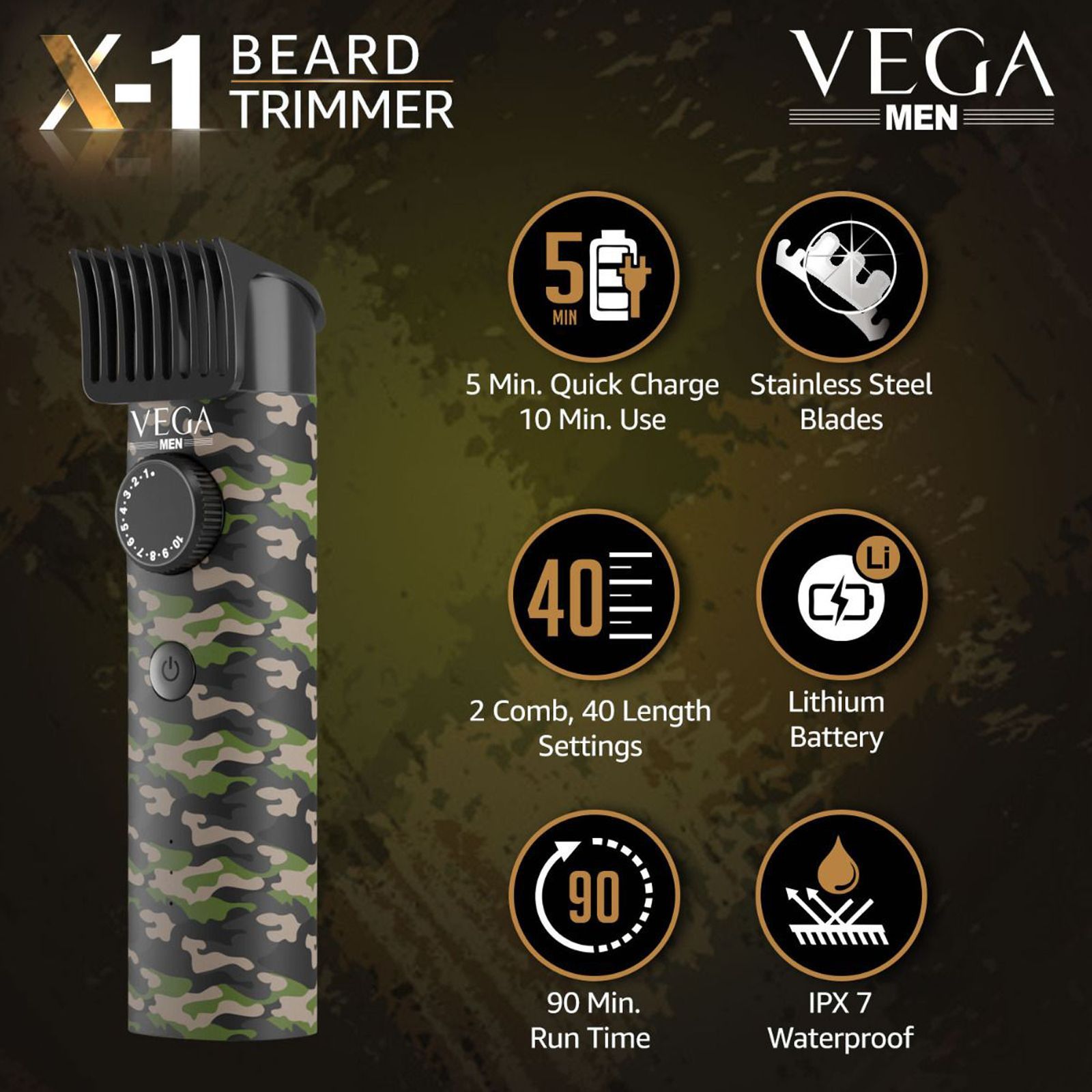 VEGA X1 Rechargeable Corded & Cordless Dry Trimmer for Beard & Moustache with 40 Length Settings for Men (90mins Runtime, IPX7 Waterproof, Multicolor)_5