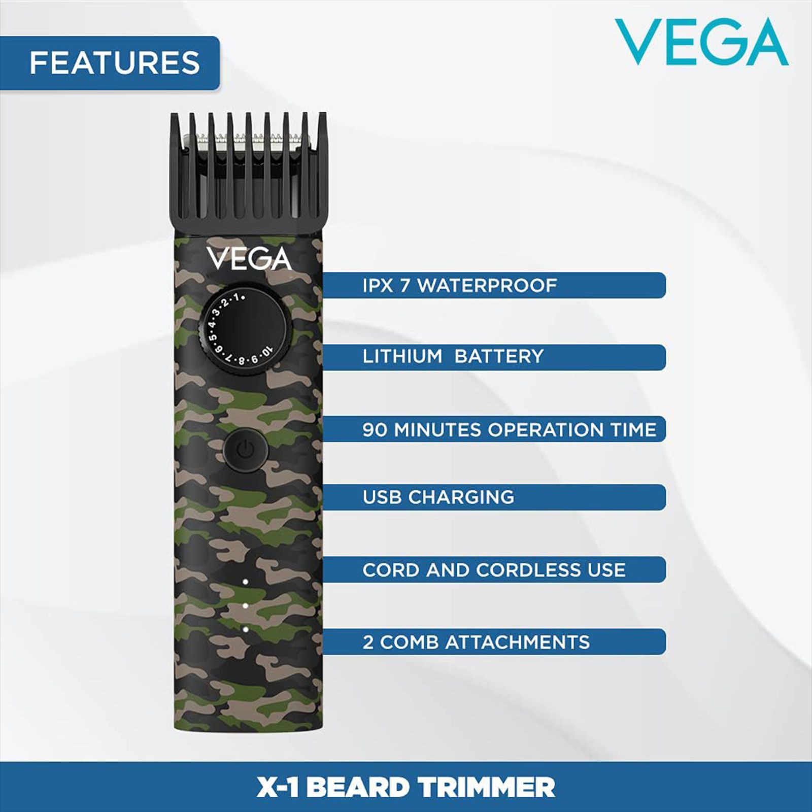 VEGA X1 Rechargeable Corded & Cordless Dry Trimmer for Beard & Moustache with 40 Length Settings for Men (90mins Runtime, IPX7 Waterproof, Multicolor)_11