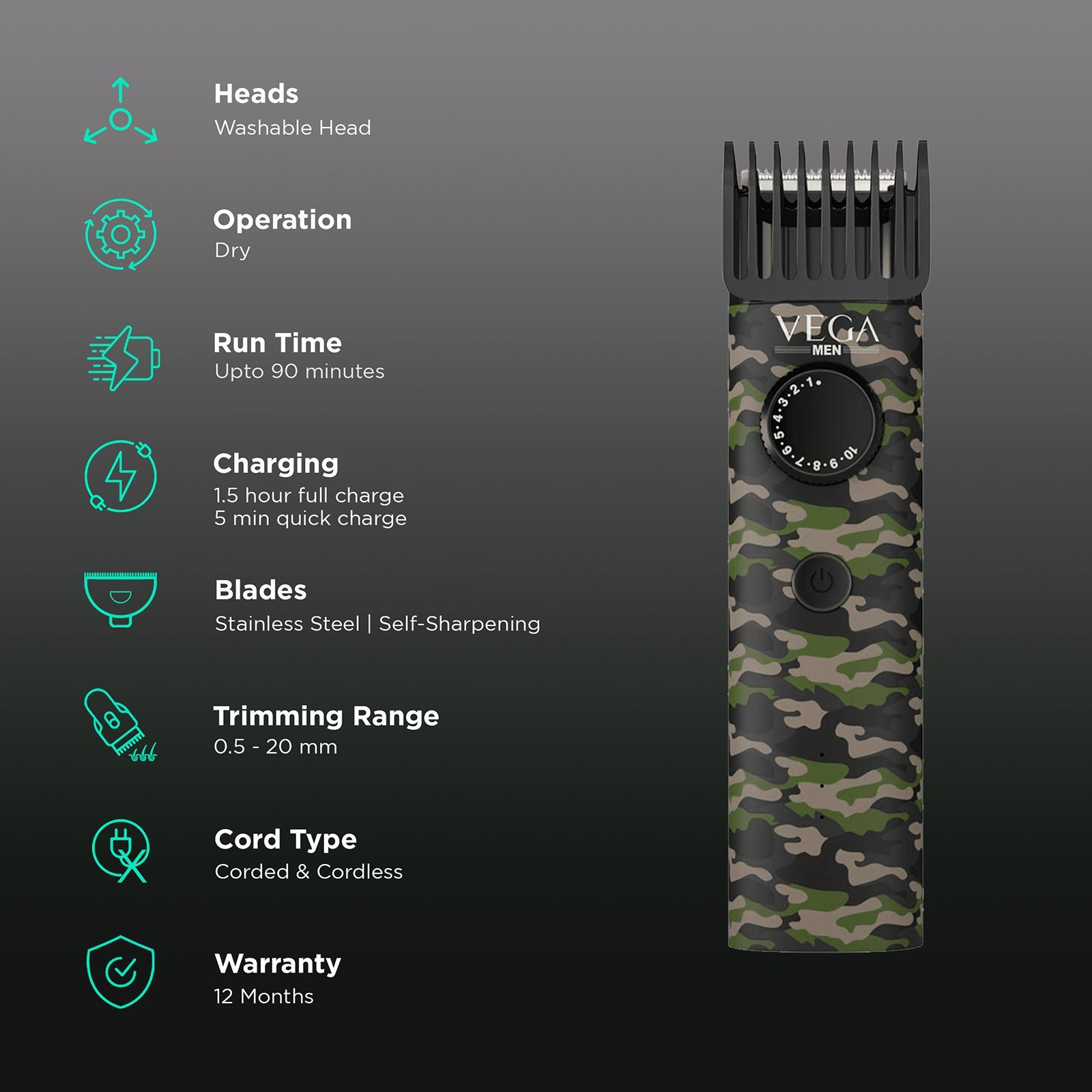 VEGA X1 Rechargeable Corded & Cordless Dry Trimmer for Beard & Moustache with 40 Length Settings for Men (90mins Runtime, IPX7 Waterproof, Multicolor)_2