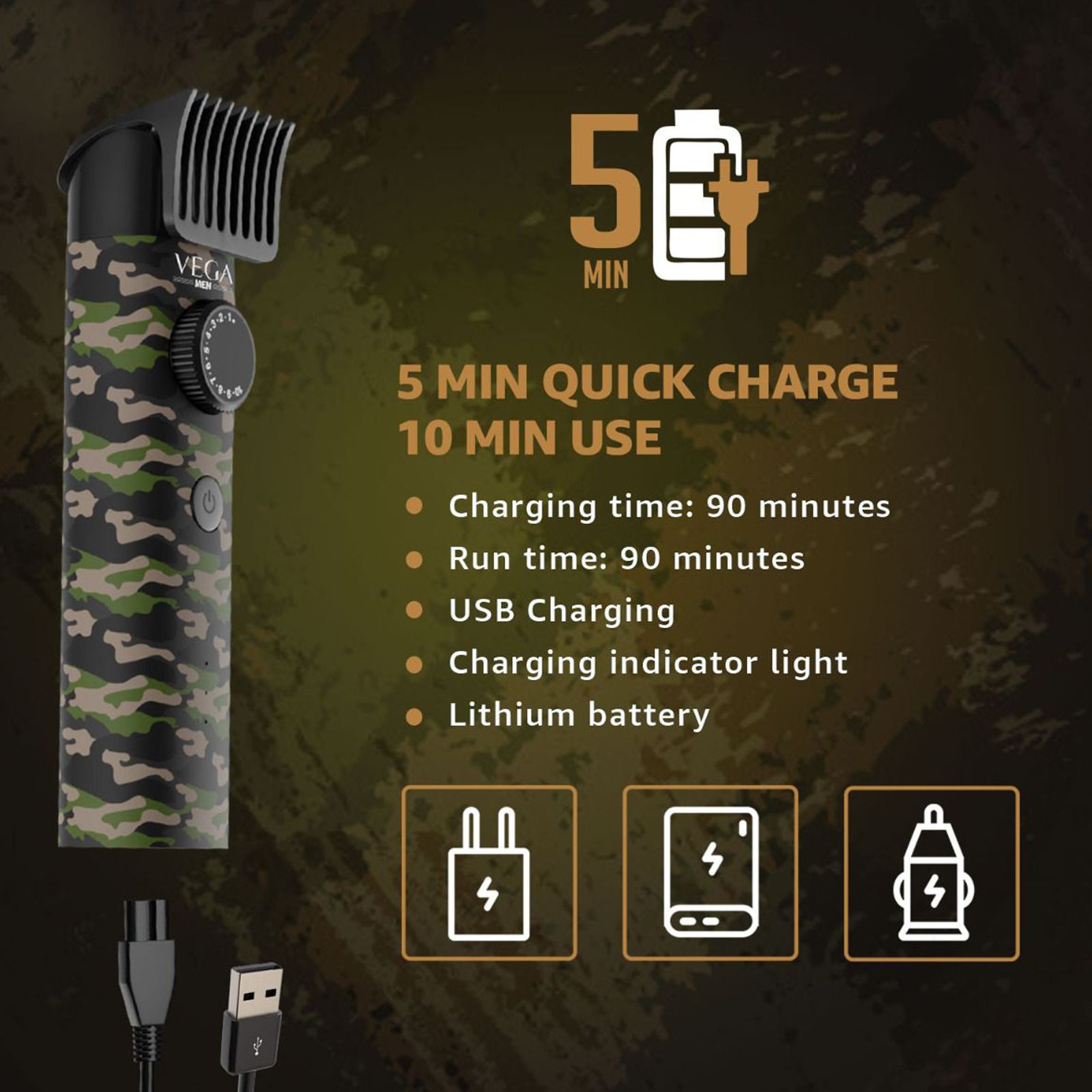 VEGA X1 Rechargeable Corded & Cordless Dry Trimmer for Beard & Moustache with 40 Length Settings for Men (90mins Runtime, IPX7 Waterproof, Multicolor)_3