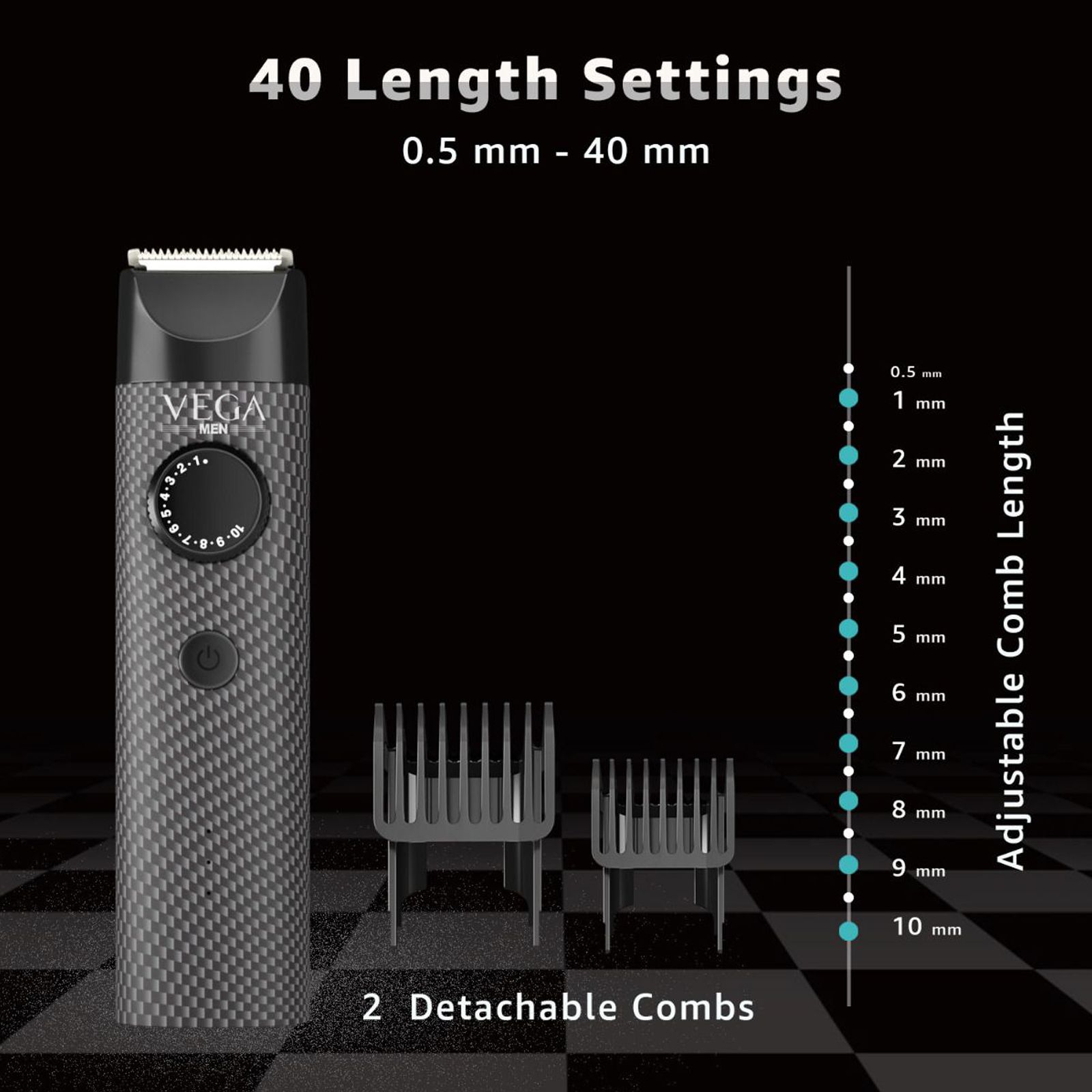 VEGA X2 Rechargeable Corded & Cordless Dry Trimmer for Beard & Moustache with 40 Length Settings for Men (90mins Runtime, IPX7 Waterproof, Black)_4