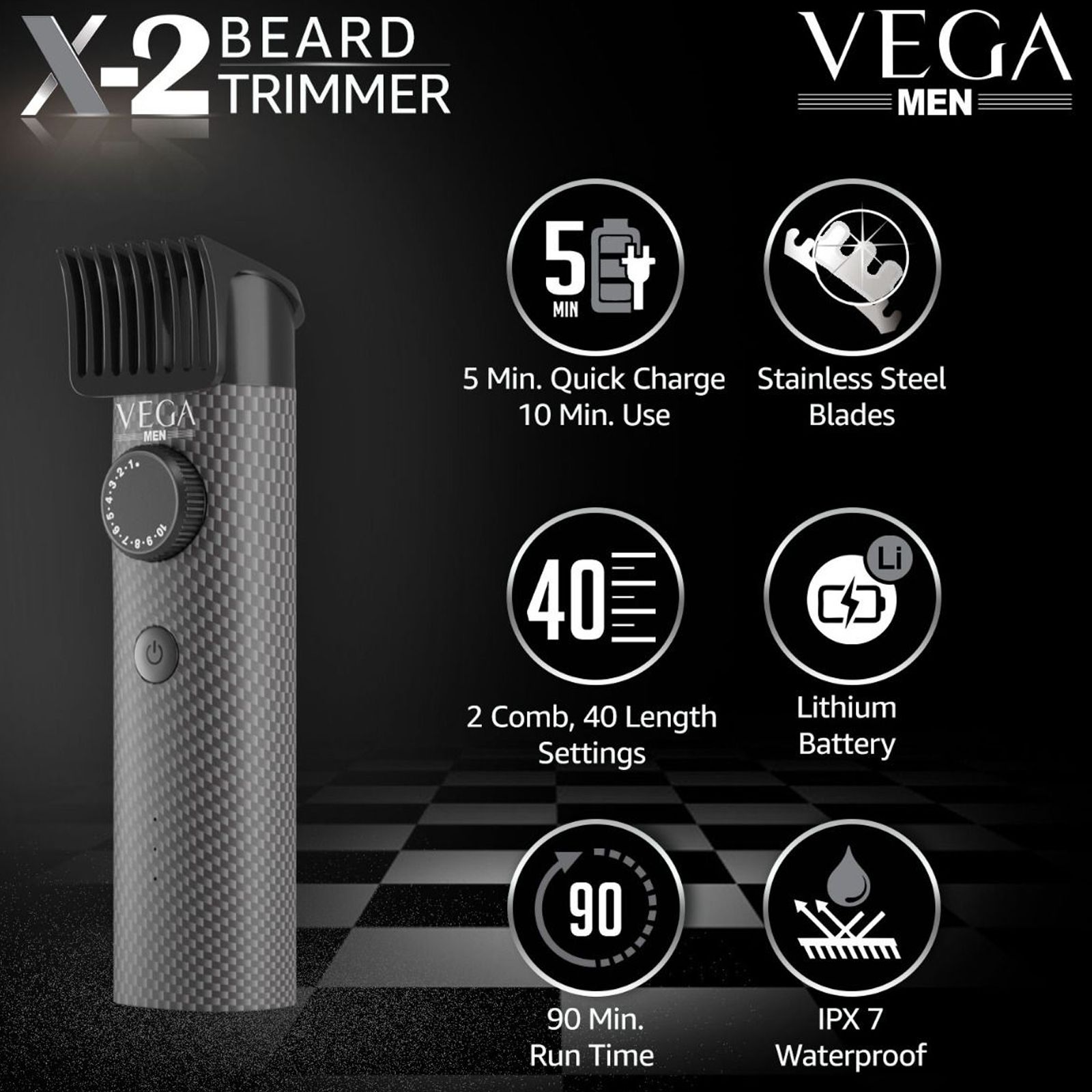 VEGA X2 Rechargeable Corded & Cordless Dry Trimmer for Beard & Moustache with 40 Length Settings for Men (90mins Runtime, IPX7 Waterproof, Black)_5