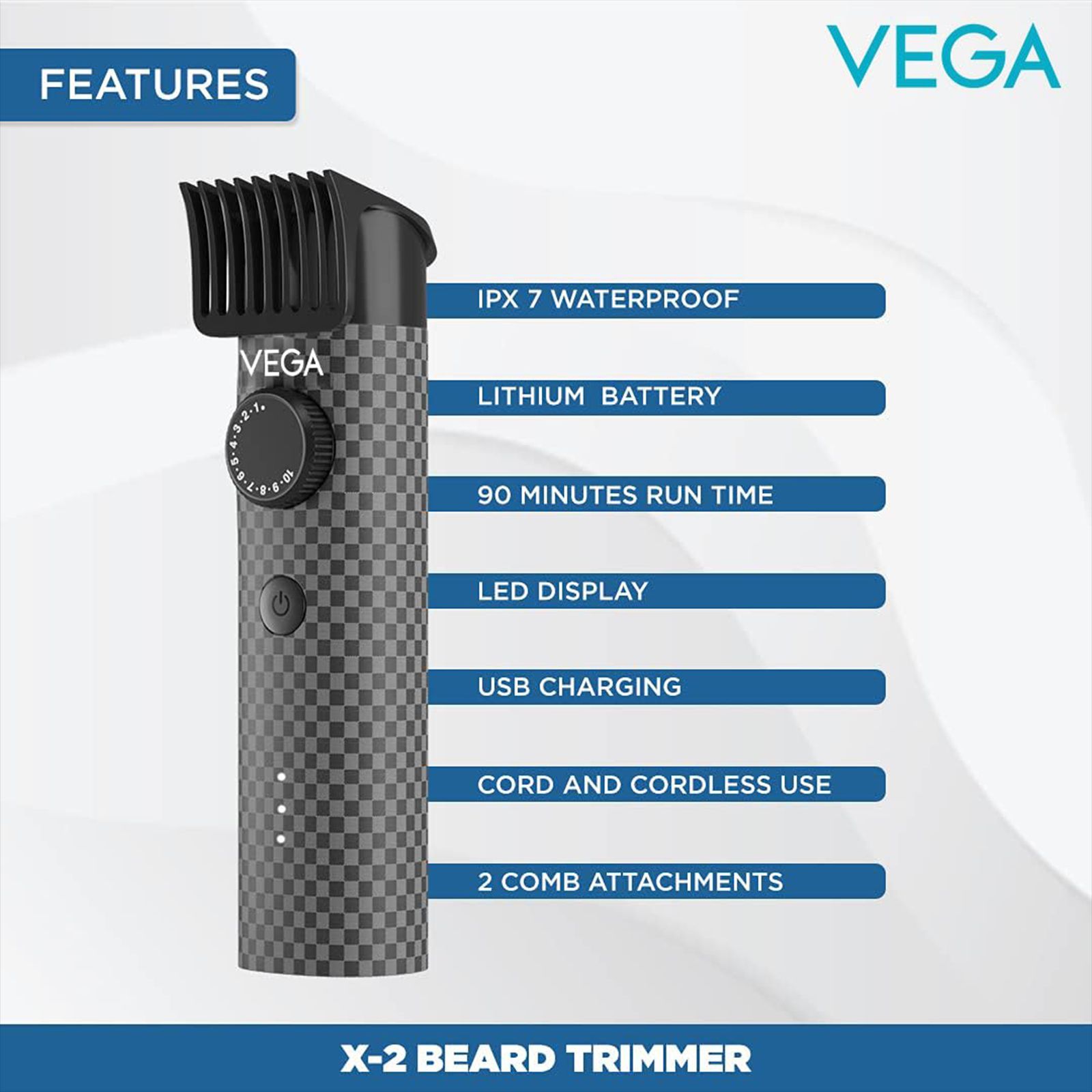 VEGA X2 Rechargeable Corded & Cordless Dry Trimmer for Beard & Moustache with 40 Length Settings for Men (90mins Runtime, IPX7 Waterproof, Black)_11
