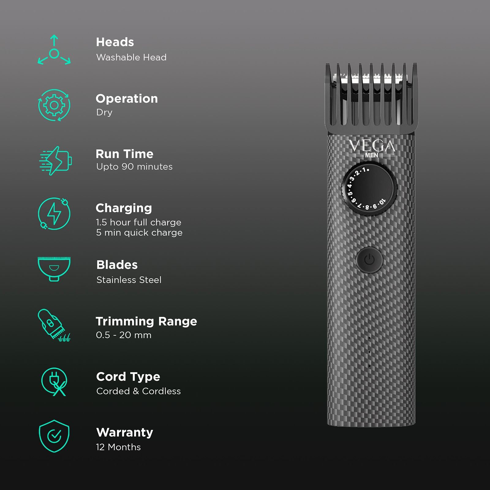 VEGA X2 Rechargeable Corded & Cordless Dry Trimmer for Beard & Moustache with 40 Length Settings for Men (90mins Runtime, IPX7 Waterproof, Black)_2