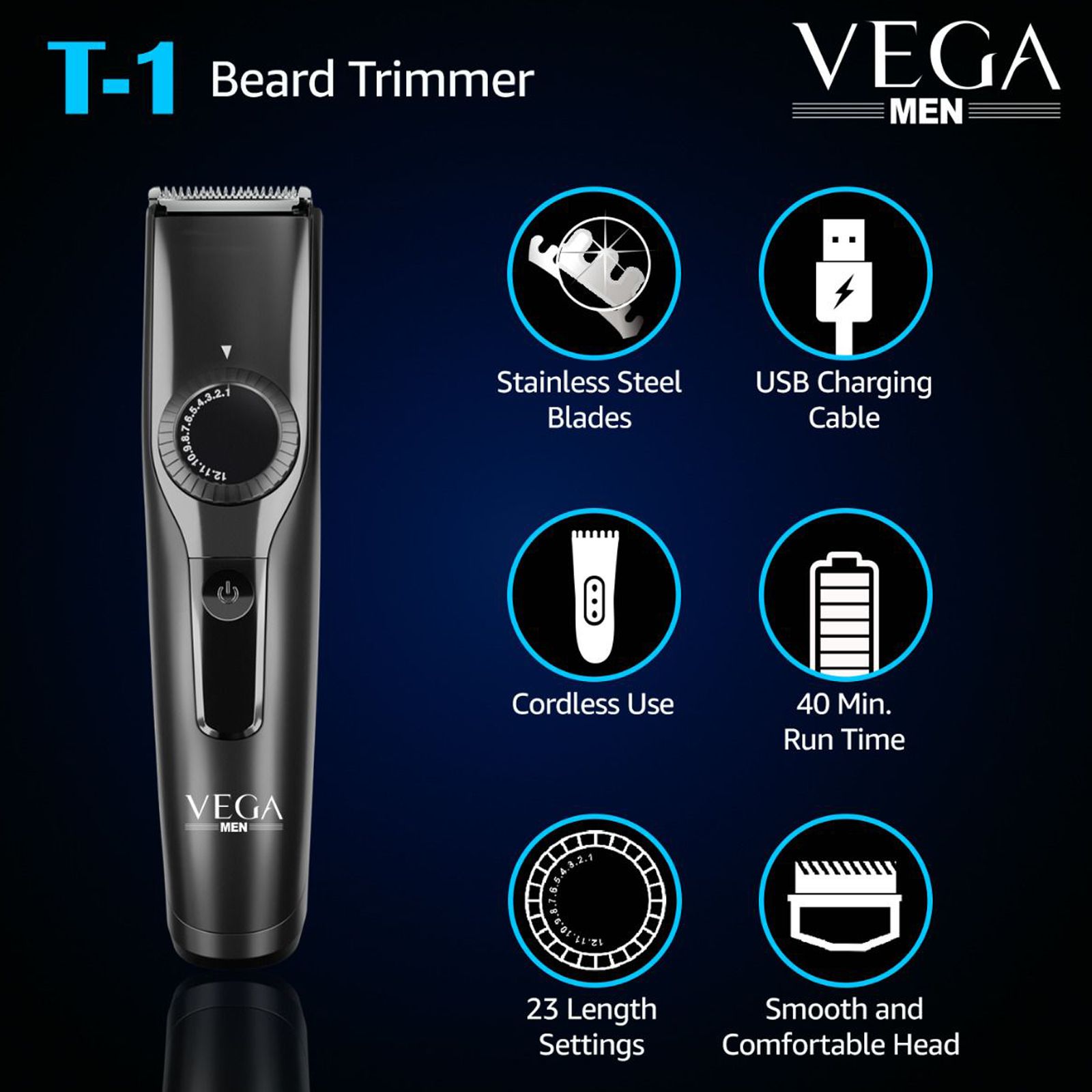 VEGA T1 Rechargeable Cordless Dry Trimmer for Beard & Moustache with 23 Length Settings for Men (40mins Runtime, Easy Rotating Wheel, Black)_5