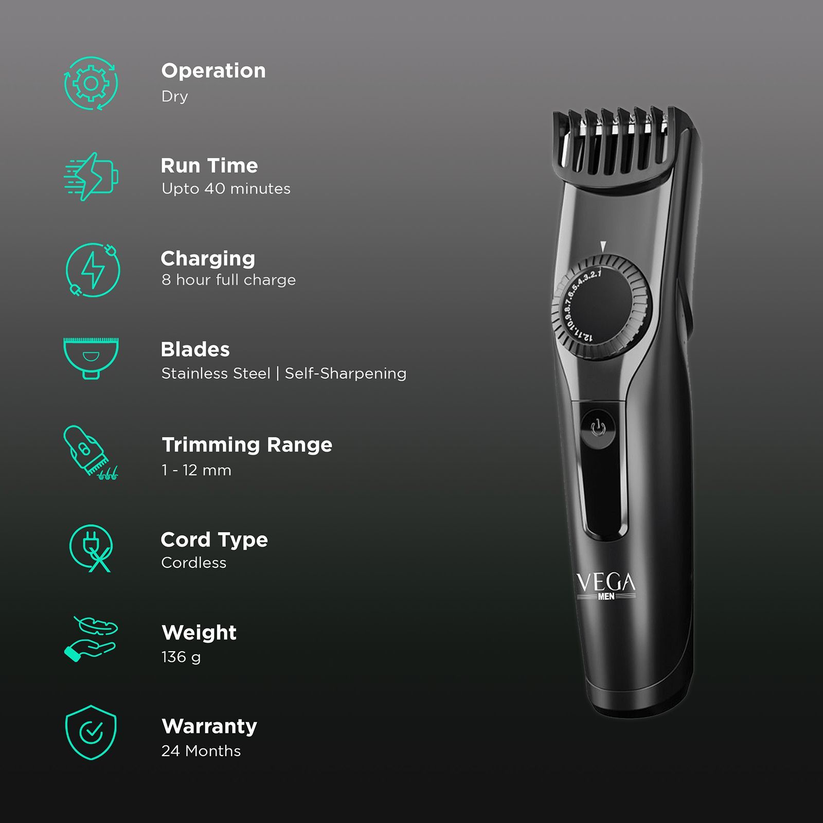 VEGA T1 Rechargeable Cordless Dry Trimmer for Beard & Moustache with 23 Length Settings for Men (40mins Runtime, Easy Rotating Wheel, Black)_2