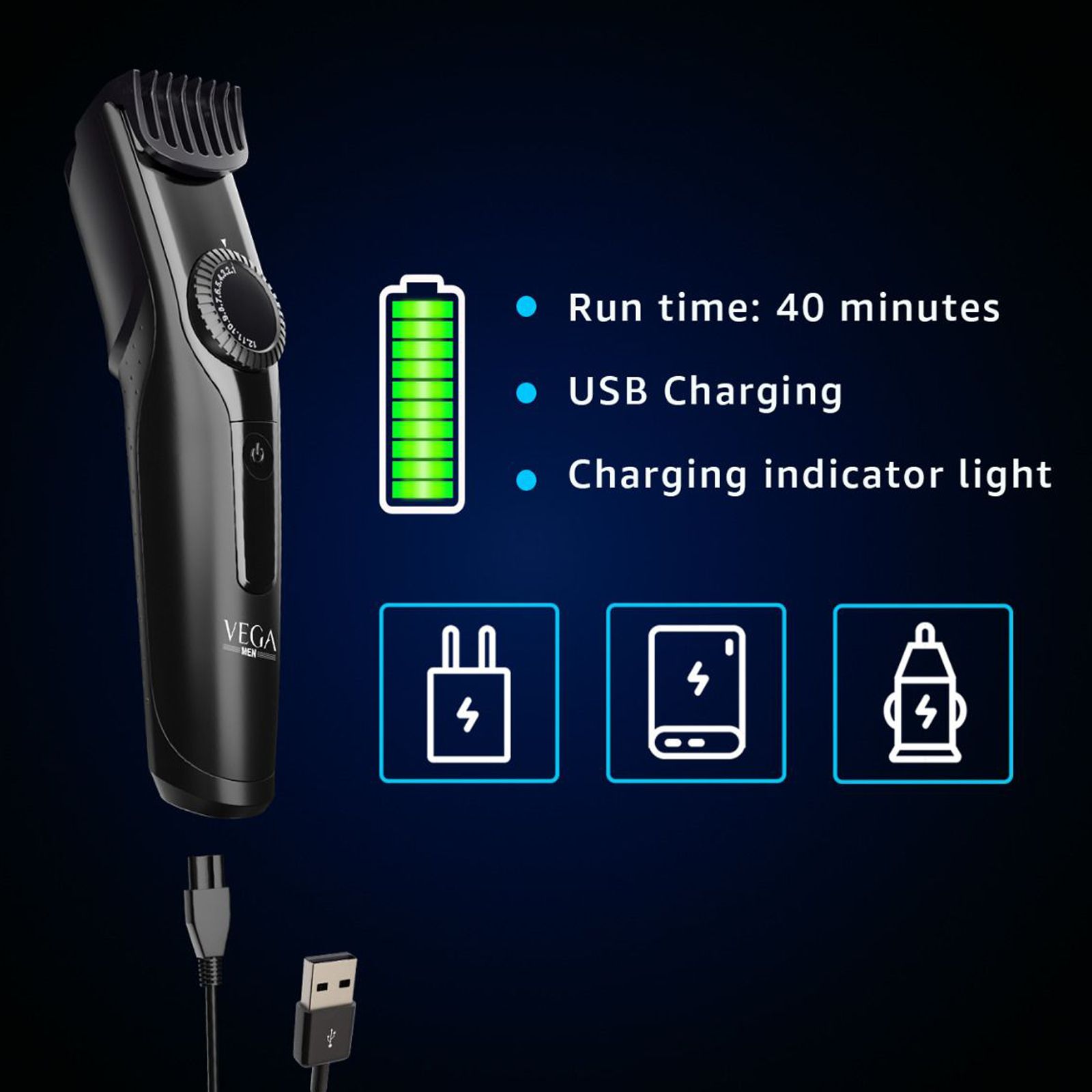 VEGA T1 Rechargeable Cordless Dry Trimmer for Beard & Moustache with 23 Length Settings for Men (40mins Runtime, Easy Rotating Wheel, Black)_3