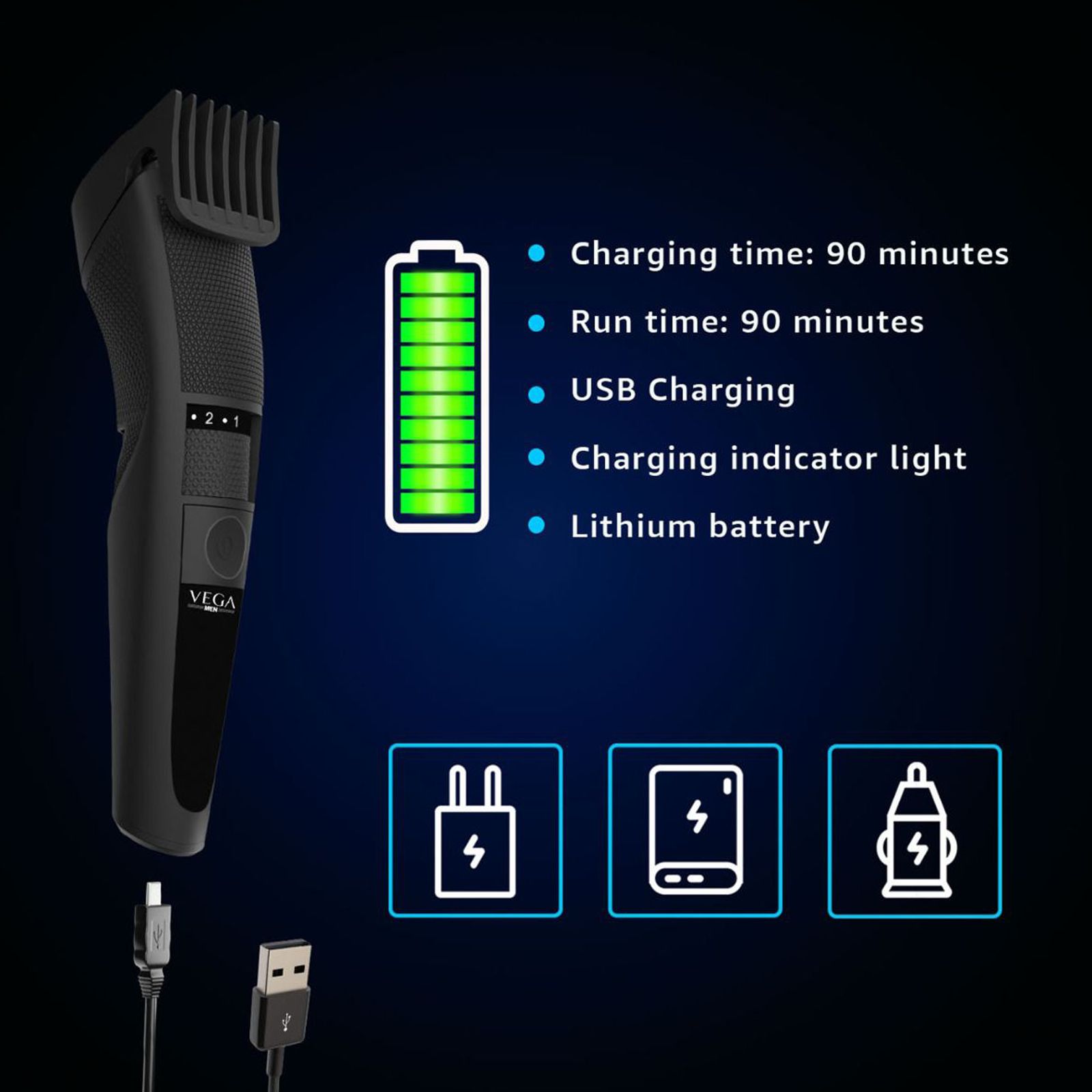 VEGA T3 Rechargeable Cordless Dry Trimmer for Beard & Moustache with 20 Length Settings for Men (90mins Runtime, Travel Lock System, Black)_4