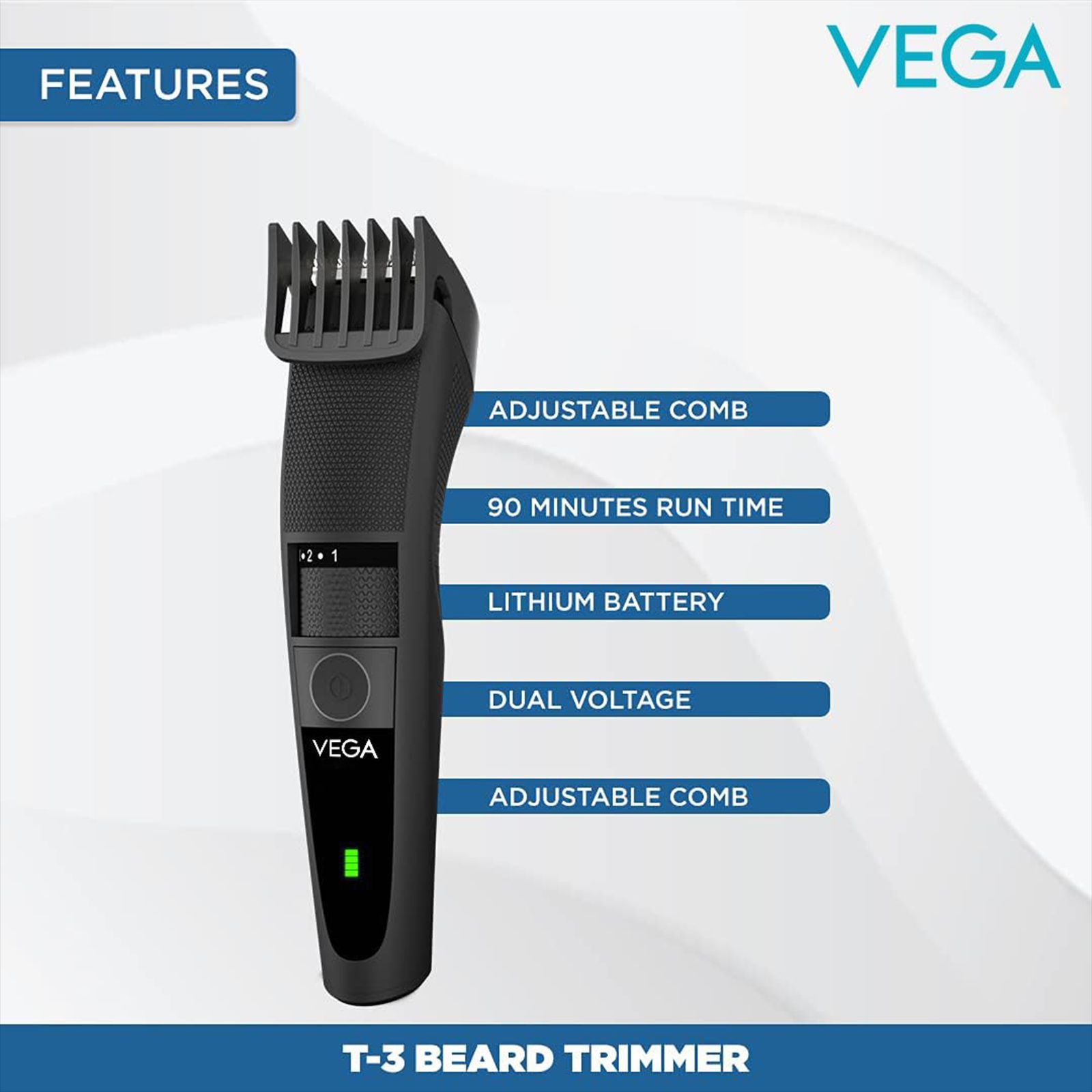 VEGA T3 Rechargeable Cordless Dry Trimmer for Beard & Moustache with 20 Length Settings for Men (90mins Runtime, Travel Lock System, Black)_9