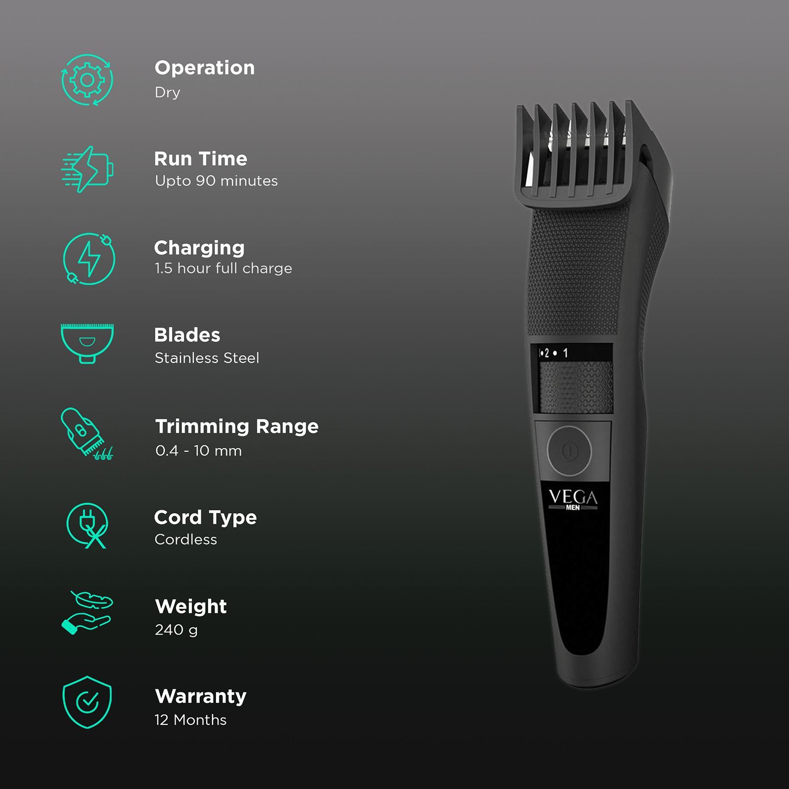 VEGA T3 Rechargeable Cordless Dry Trimmer for Beard & Moustache with 20 Length Settings for Men (90mins Runtime, Travel Lock System, Black)_2