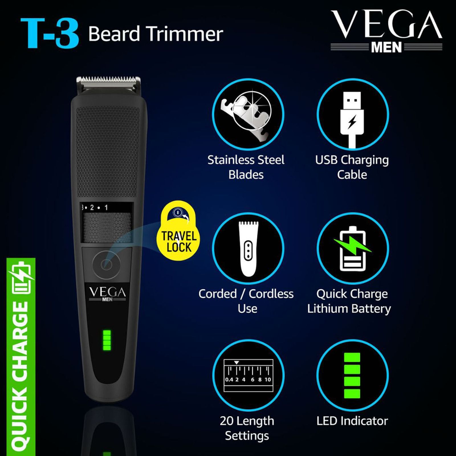 VEGA T3 Rechargeable Cordless Dry Trimmer for Beard & Moustache with 20 Length Settings for Men (90mins Runtime, Travel Lock System, Black)_3