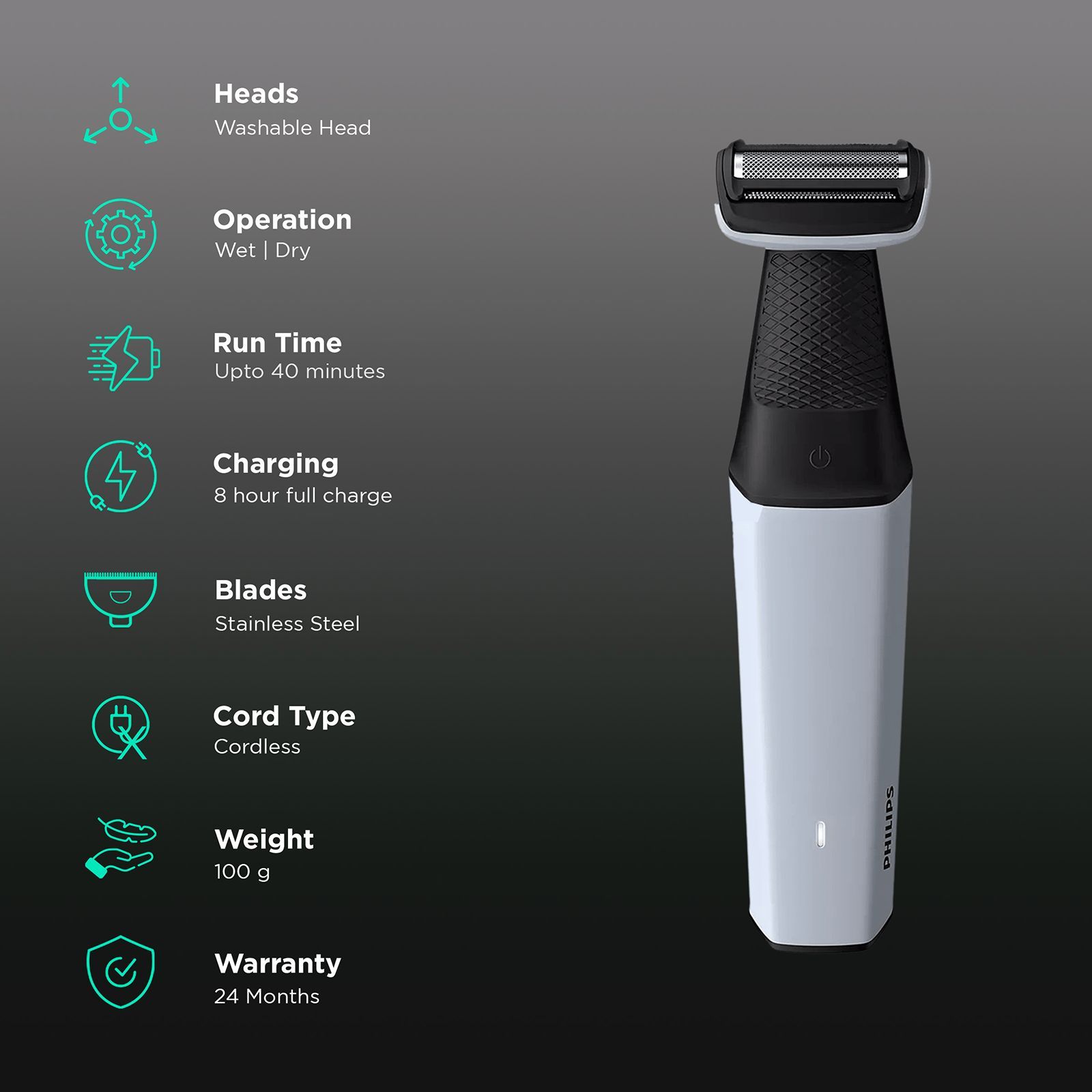 PHILIPS Series 3000 Rechargeable Cordless Body Groomer for Face & Body for Men (40min Runtime, Showerproof, White)_2