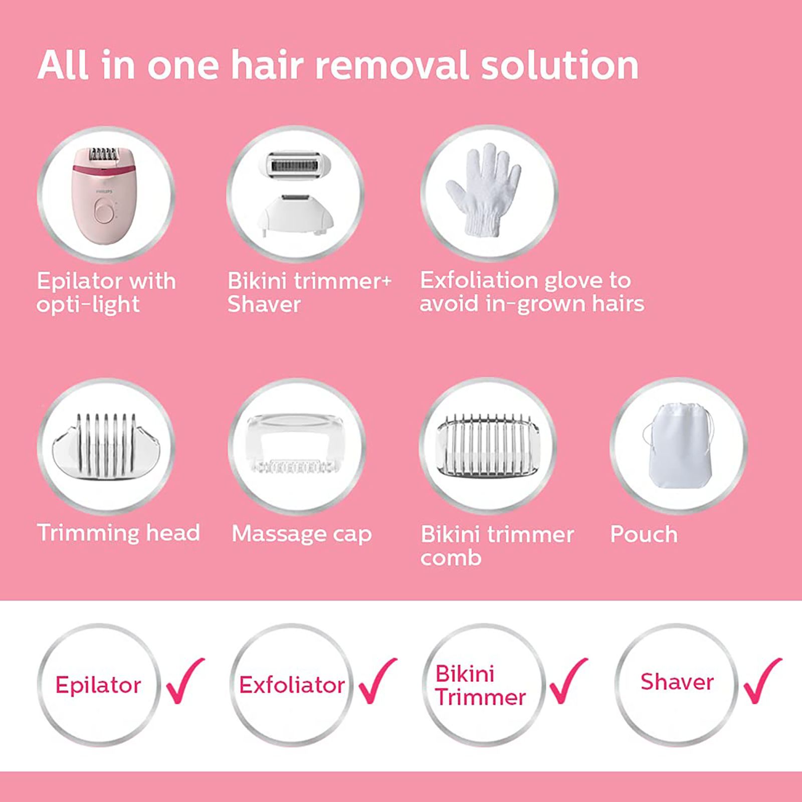 PHILIPS Satinelle Essential Corded Wet & Dry Epilator for Arms, Legs & Intimate Areas with 5 Interchangeable Heads (Efficient Epilation System, Pink) PHILIPS Satinelle Essential Corded Wet & Dry Epilator for Arms, Legs & Intimate Areas with 5 Interchangeable Heads (Efficient Epilation System, Pink)_7