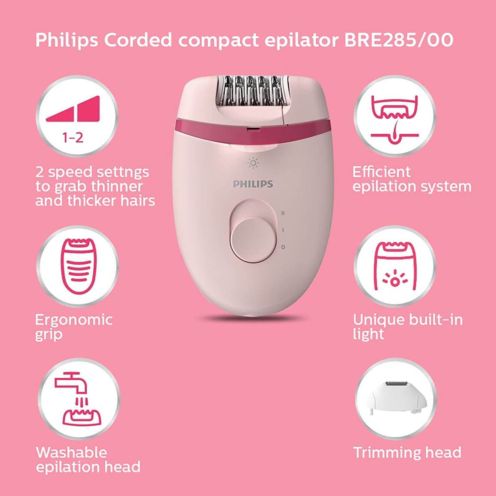 PHILIPS Satinelle Essential Corded Wet & Dry Epilator for Arms, Legs & Intimate Areas with 5 Interchangeable Heads (Efficient Epilation System, Pink) PHILIPS Satinelle Essential Corded Wet & Dry Epilator for Arms, Legs & Intimate Areas with 5 Interchangeable Heads (Efficient Epilation System, Pink)_8