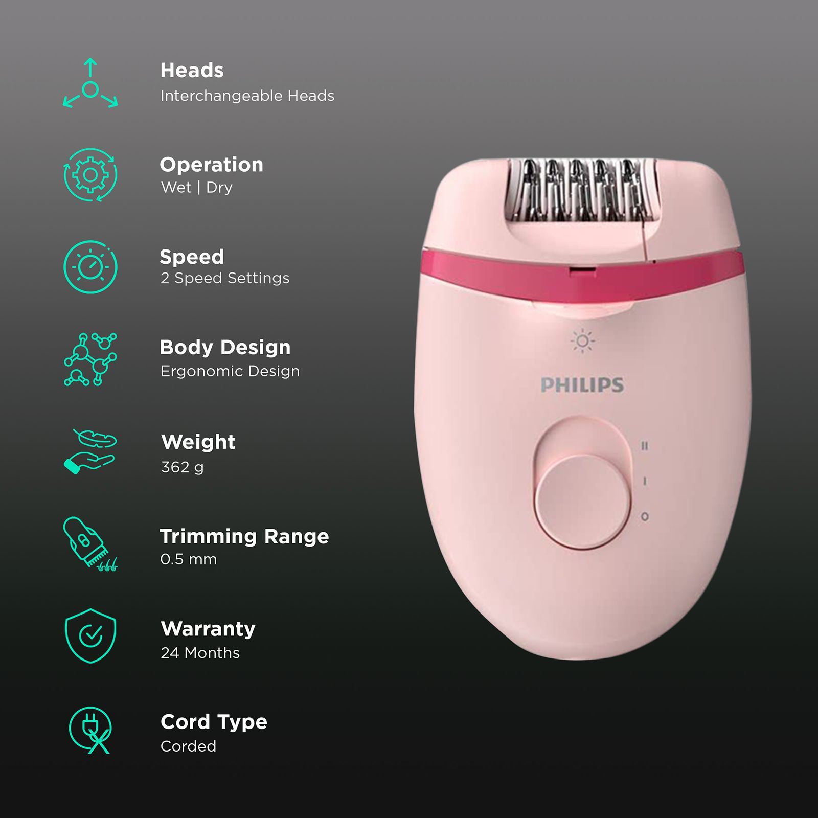 PHILIPS Satinelle Essential Corded Wet & Dry Epilator for Arms, Legs & Intimate Areas with 5 Interchangeable Heads (Efficient Epilation System, Pink) PHILIPS Satinelle Essential Corded Wet & Dry Epilator for Arms, Legs & Intimate Areas with 5 Interchangeable Heads (Efficient Epilation System, Pink)_2
