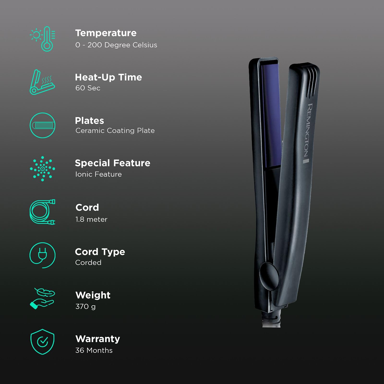 REMINGTON Hair Straightener with LED Indicator (Ceramic Plate, Black) REMINGTON Hair Straightener with LED Indicator (Ceramic Plate, Black)_3