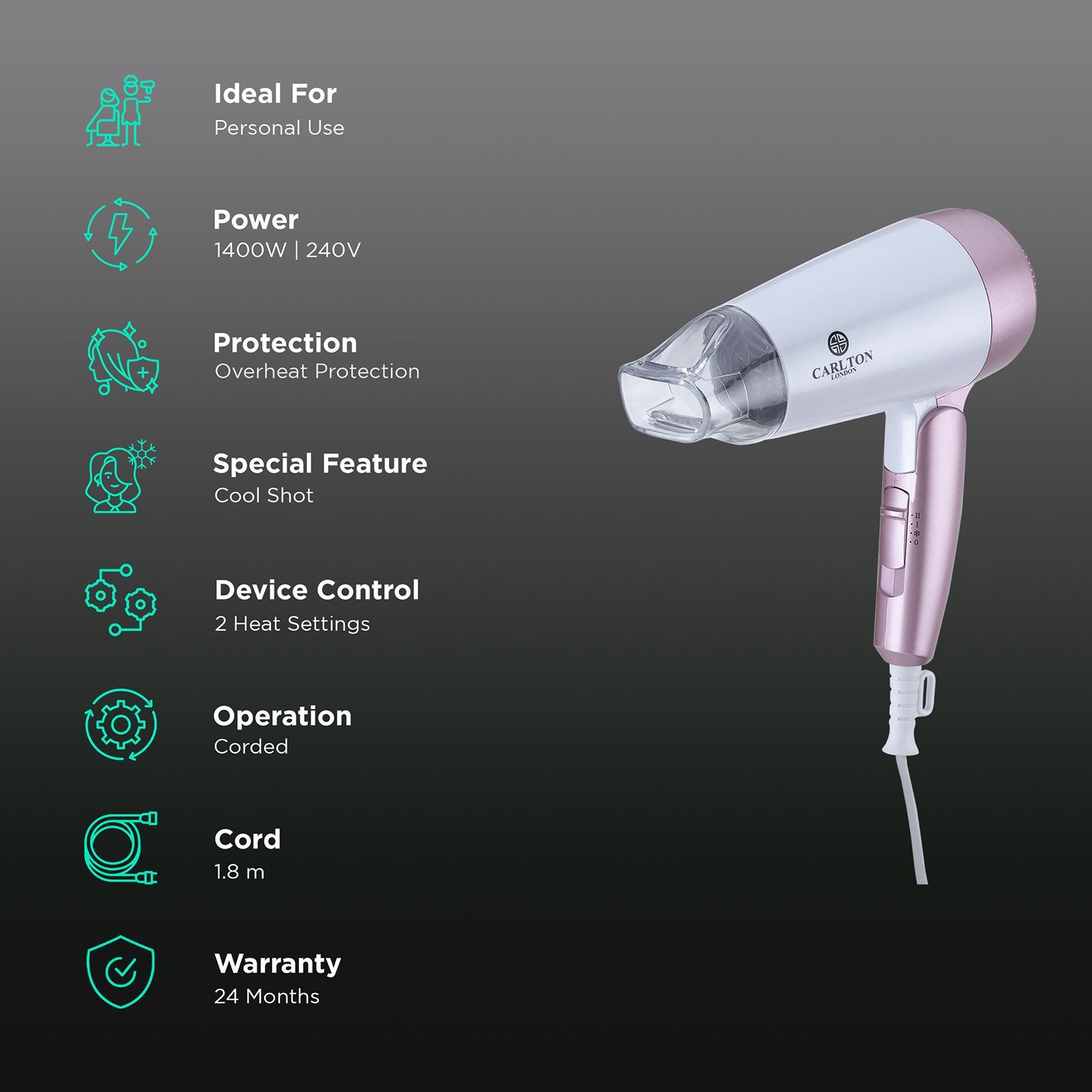 Carlton London Hair Dryer with 2 Heat Settings & Cool Shot (Overheat Protection, White)_2