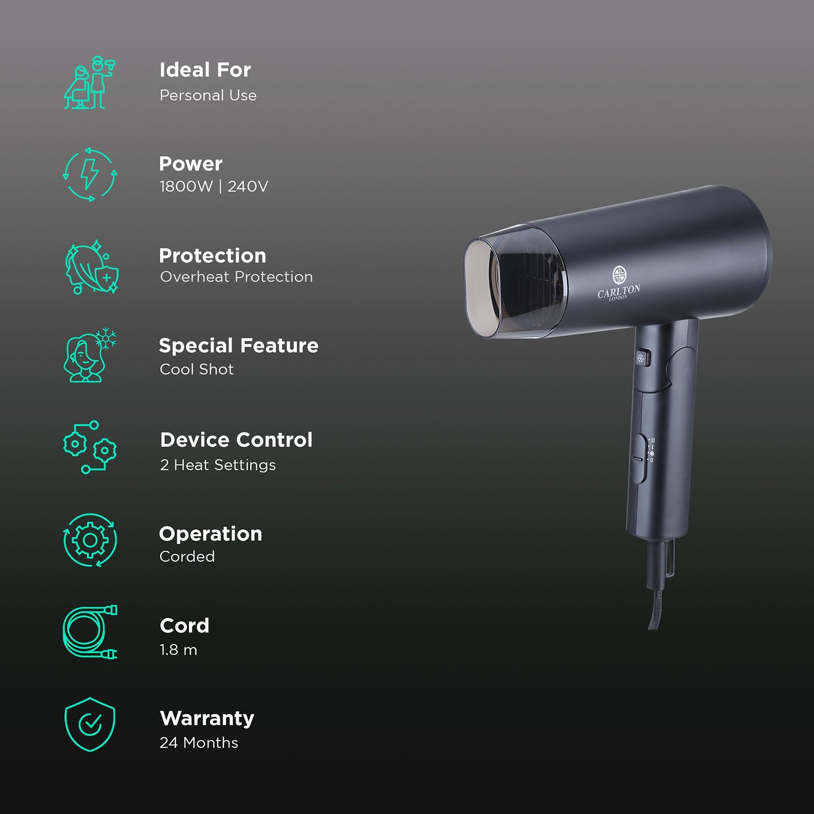 Carlton London Hair Dryer with 2 Heat Settings & Cool Shot (Overheat Protection, Black)_2