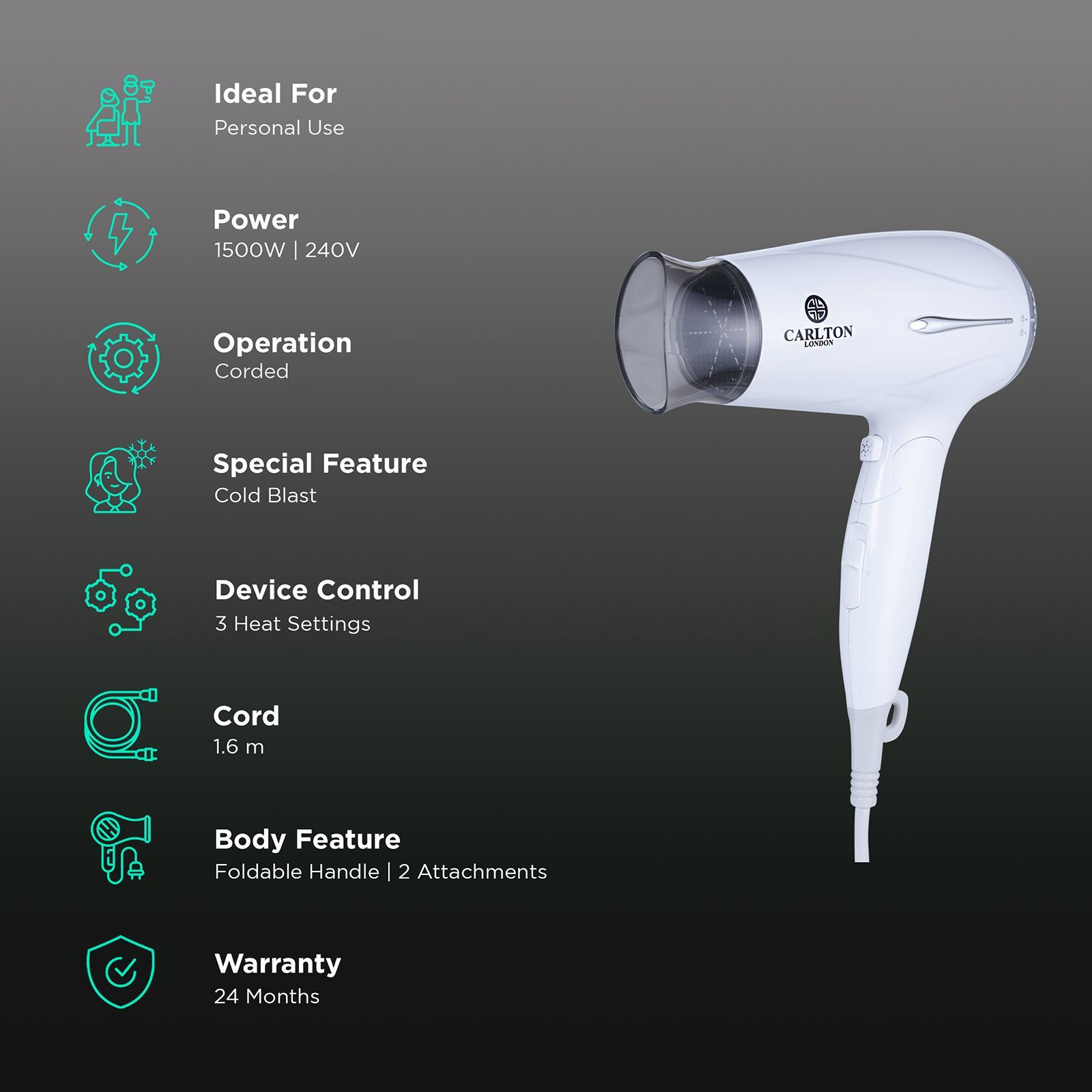 Carlton London Hair Dryer with 3 Heat Settings & Cold Blast (Ionic Technology, White)_2