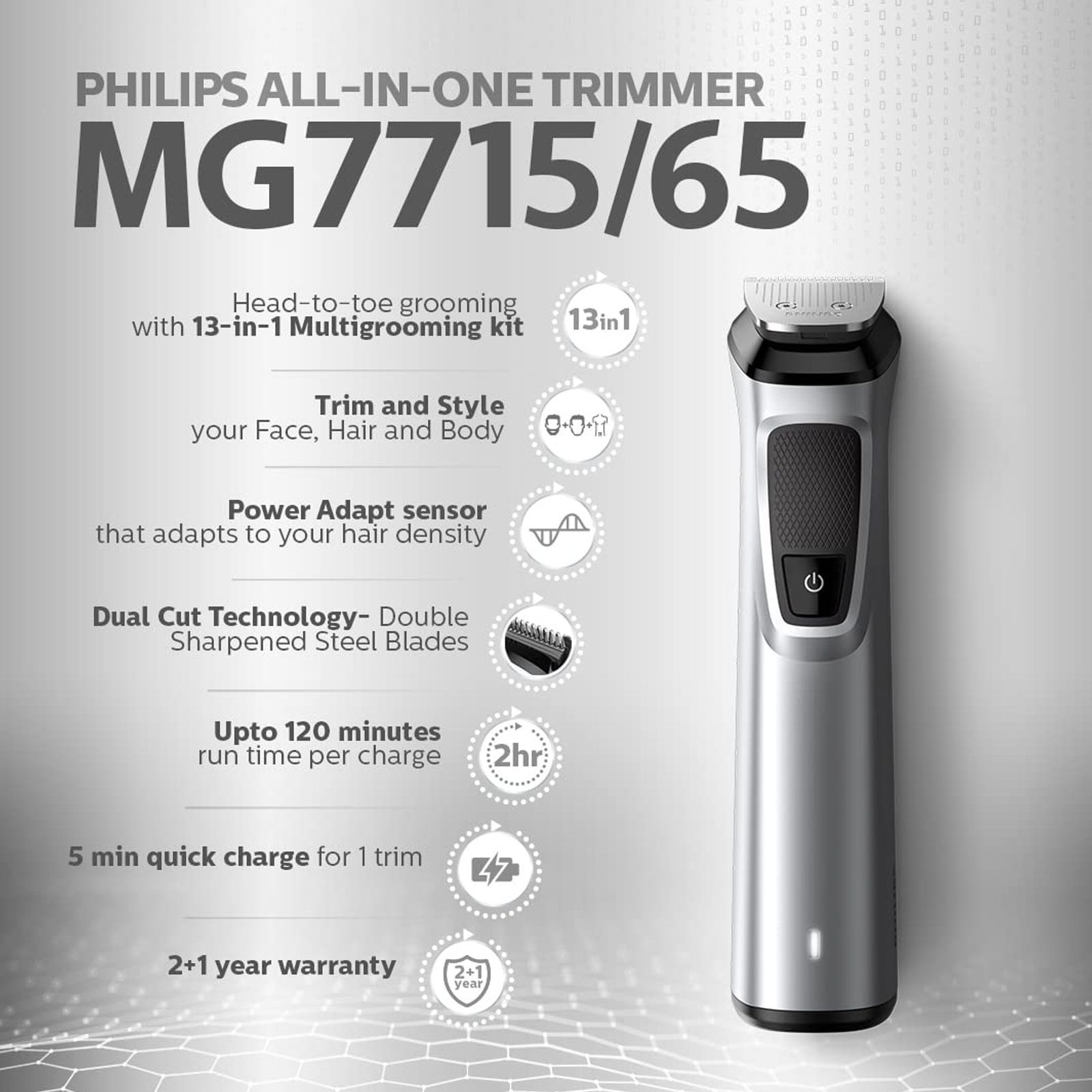 PHILIPS Series 7000 13-in-1 Rechargeable Cordless Grooming Kit for Face, Hair & Body for Men (120min Runtime, DualCut Technology, Silver) PHILIPS Series 7000 13-in-1 Rechargeable Cordless Grooming Kit for Face, Hair & Body for Men (120min Runtime, DualCut Technology, Silver)_15