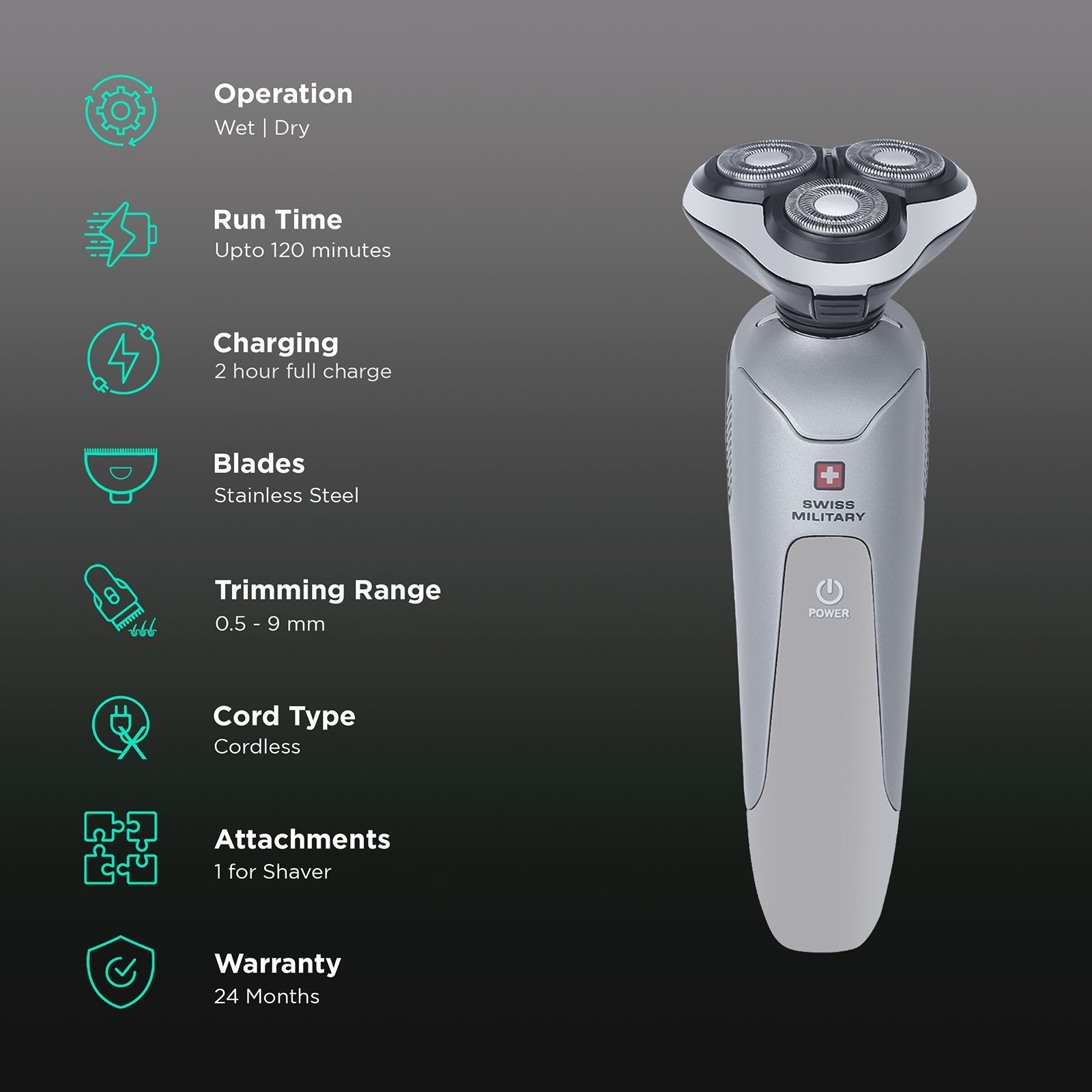 SWISS MILITARY SHV-61 Cordless Shaver for Face for Men (120min Runtime, IPX6 Waterproof, Grey) SWISS MILITARY SHV-61 Cordless Shaver for Face for Men (120min Runtime, IPX6 Waterproof, Grey)_2