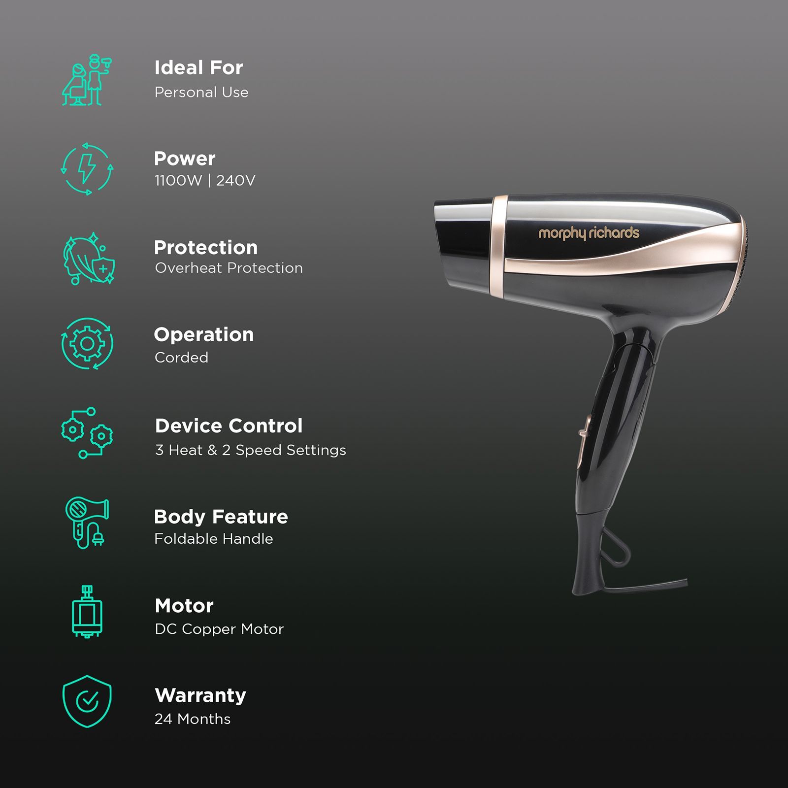 morphy richards HD1100DC Hair Dryer with 3 Heat Settings (Overheat Double Protection, Black)_2