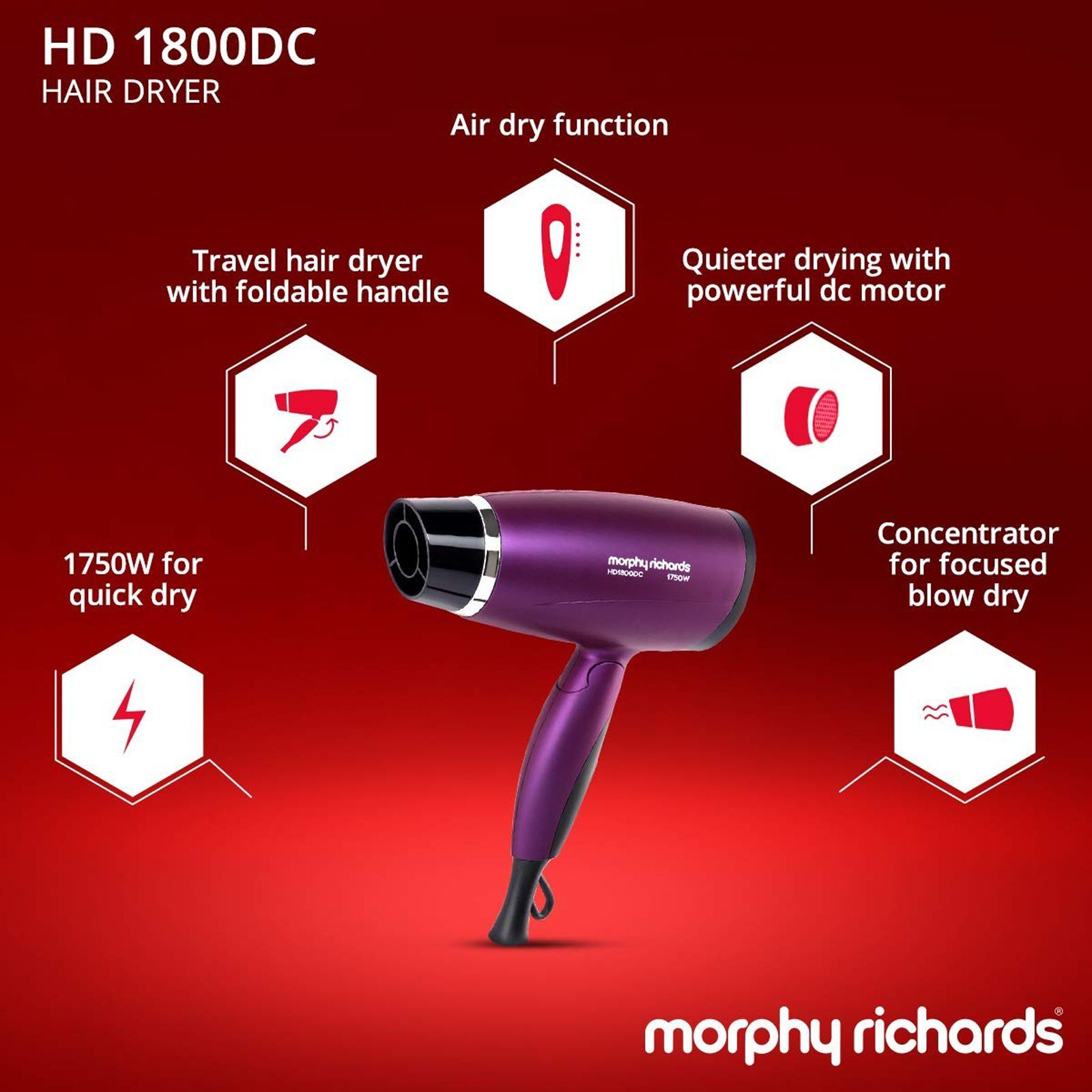 morphy richards HD1800DC Hair Dryer with 2 Heat Settings (Air Dry Function, Purple)_6