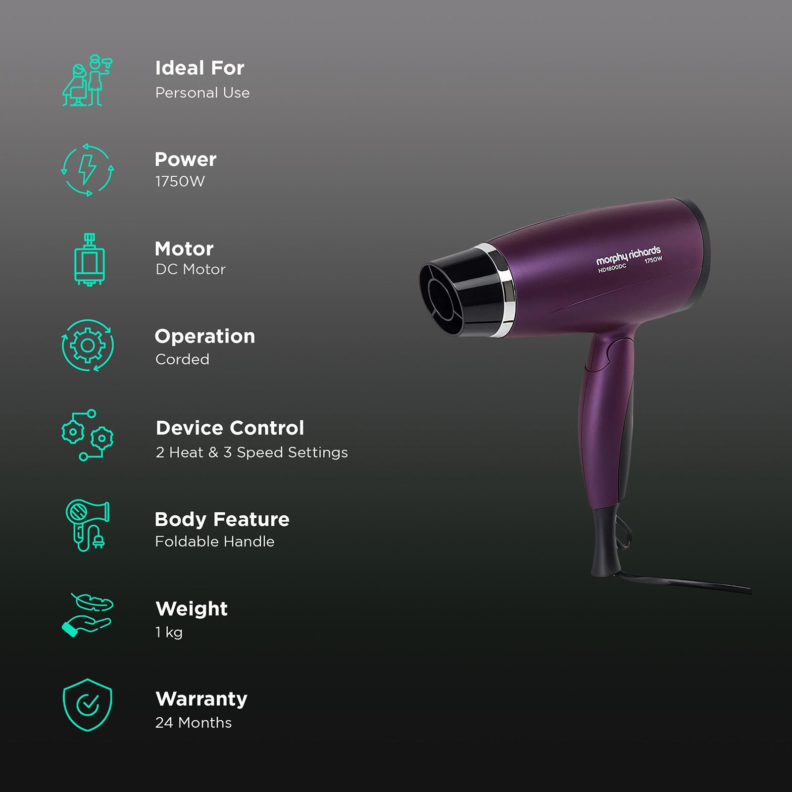 morphy richards HD1800DC Hair Dryer with 2 Heat Settings (Air Dry Function, Purple)_2